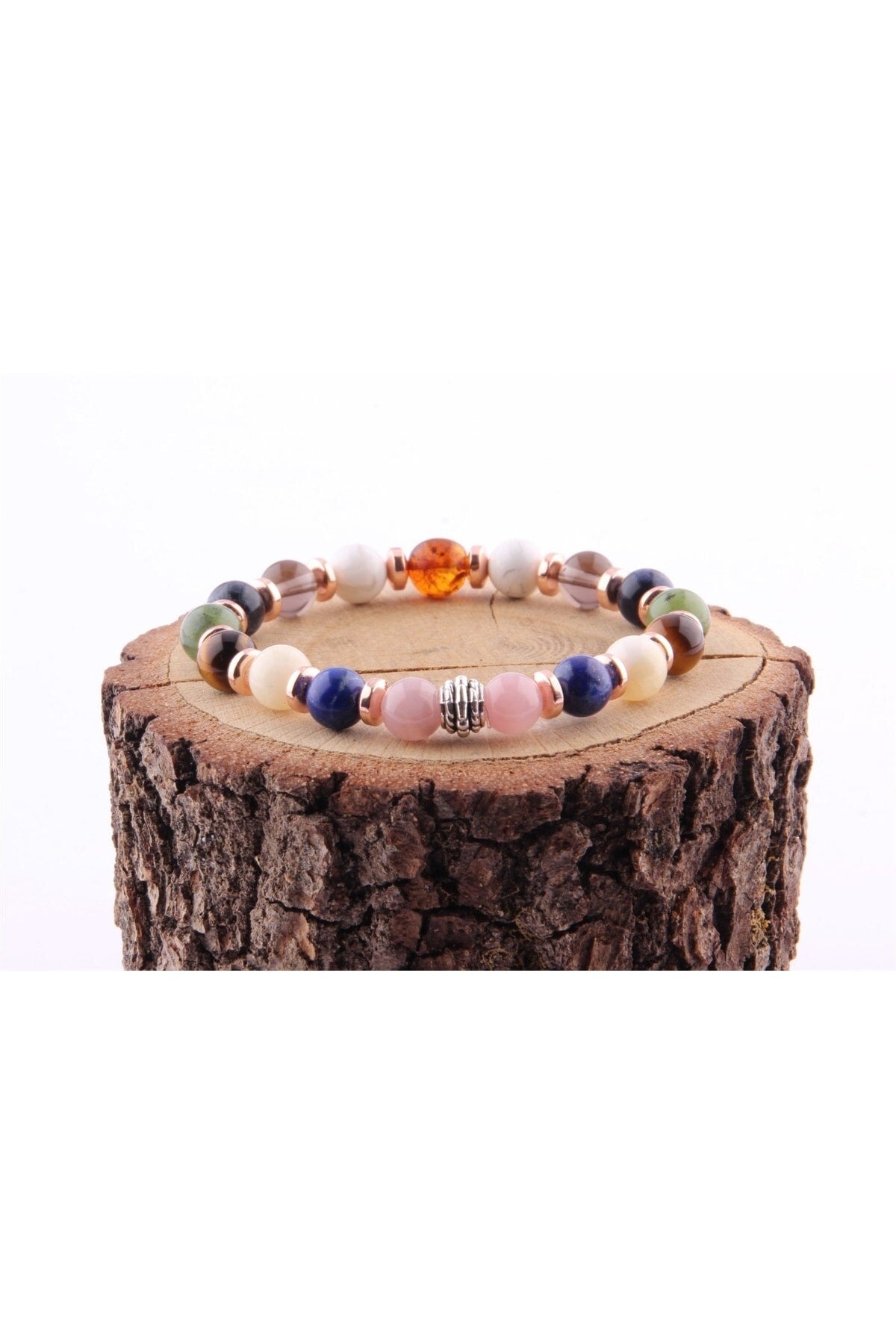 Sertifikalı Öğrenci Bilekliği-kehribar-yeşim-lapis-kalsit-dumanlı Kuvars-havlit-hematit-8 Mm B178