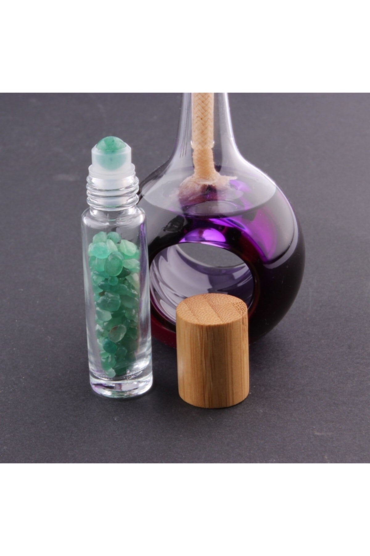Sertifikalı Aventurin Taşı Doğal Taş Yüz Ve Cilt Esans Ve Yağ Şişesi - 10 Ml, 8 Cm Bambu Kapak
