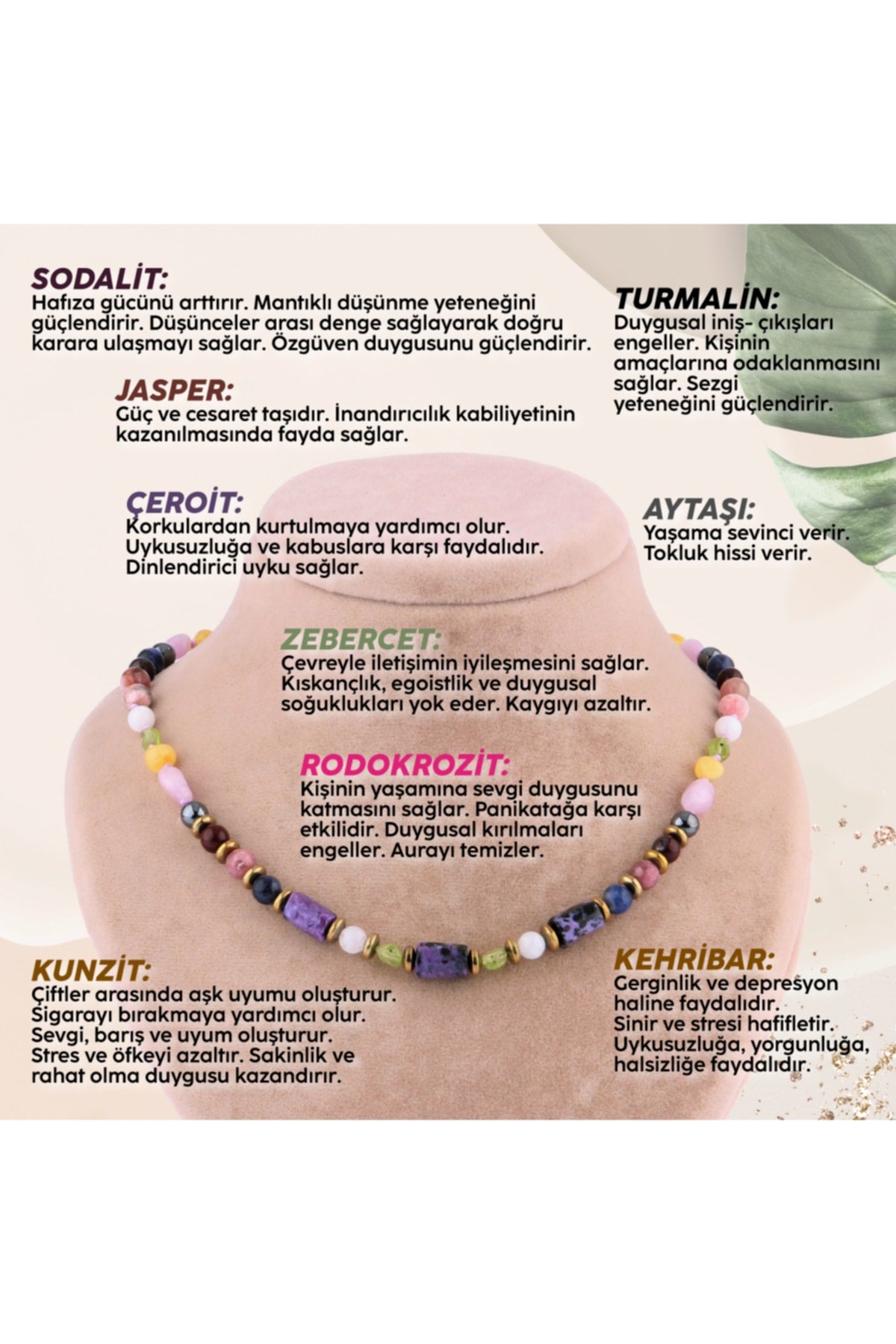 Sertifikalı Çeroit - Kehribar - Zebercet - Turmalin - Rodokrozit - Ay Doğal Taşı Kolye - 6 Mm M342