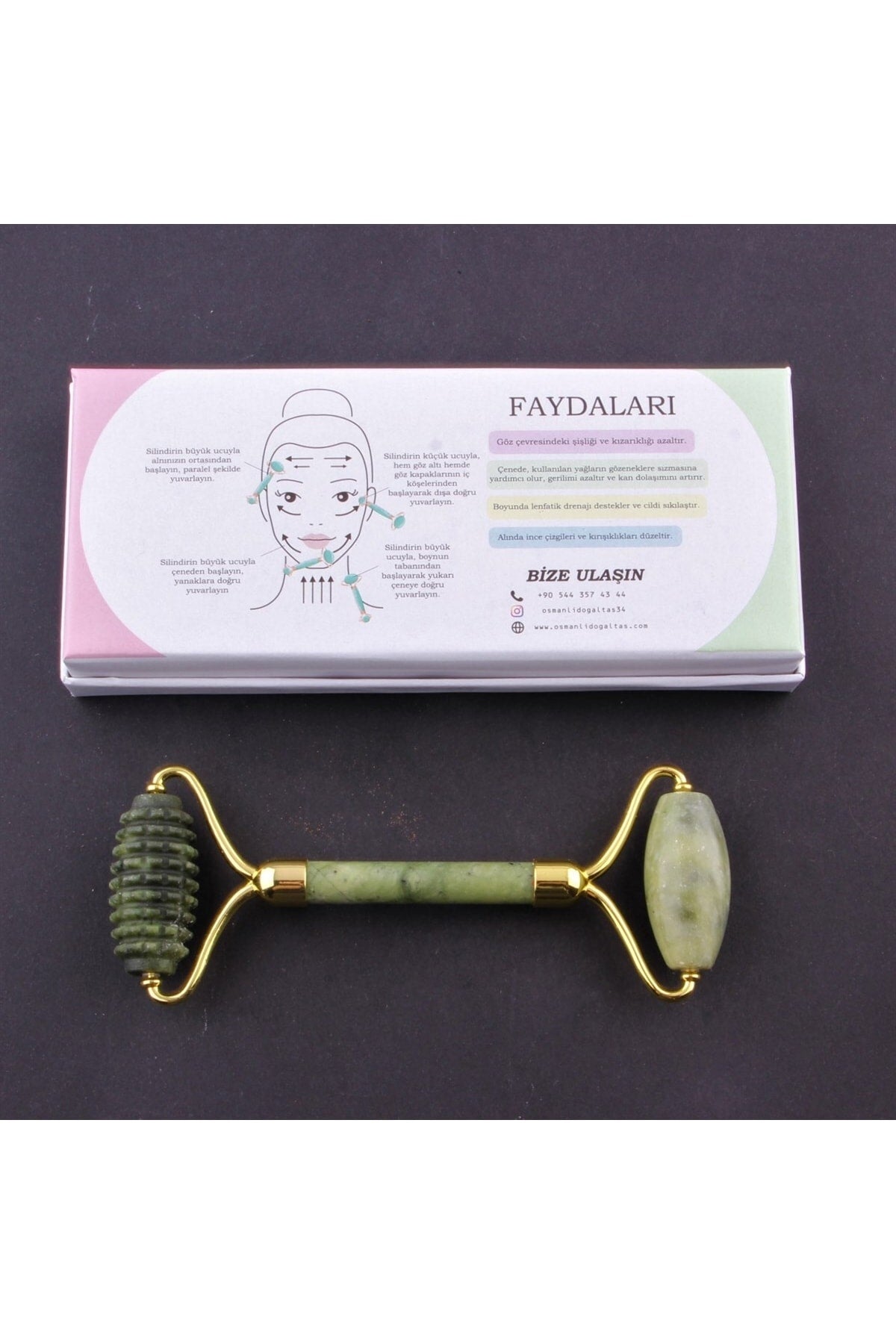 Sertifikalı Yeşim Doğal Taşı Tırtıklı Roller Masaj Aleti 15 X 6 Cm Ma016