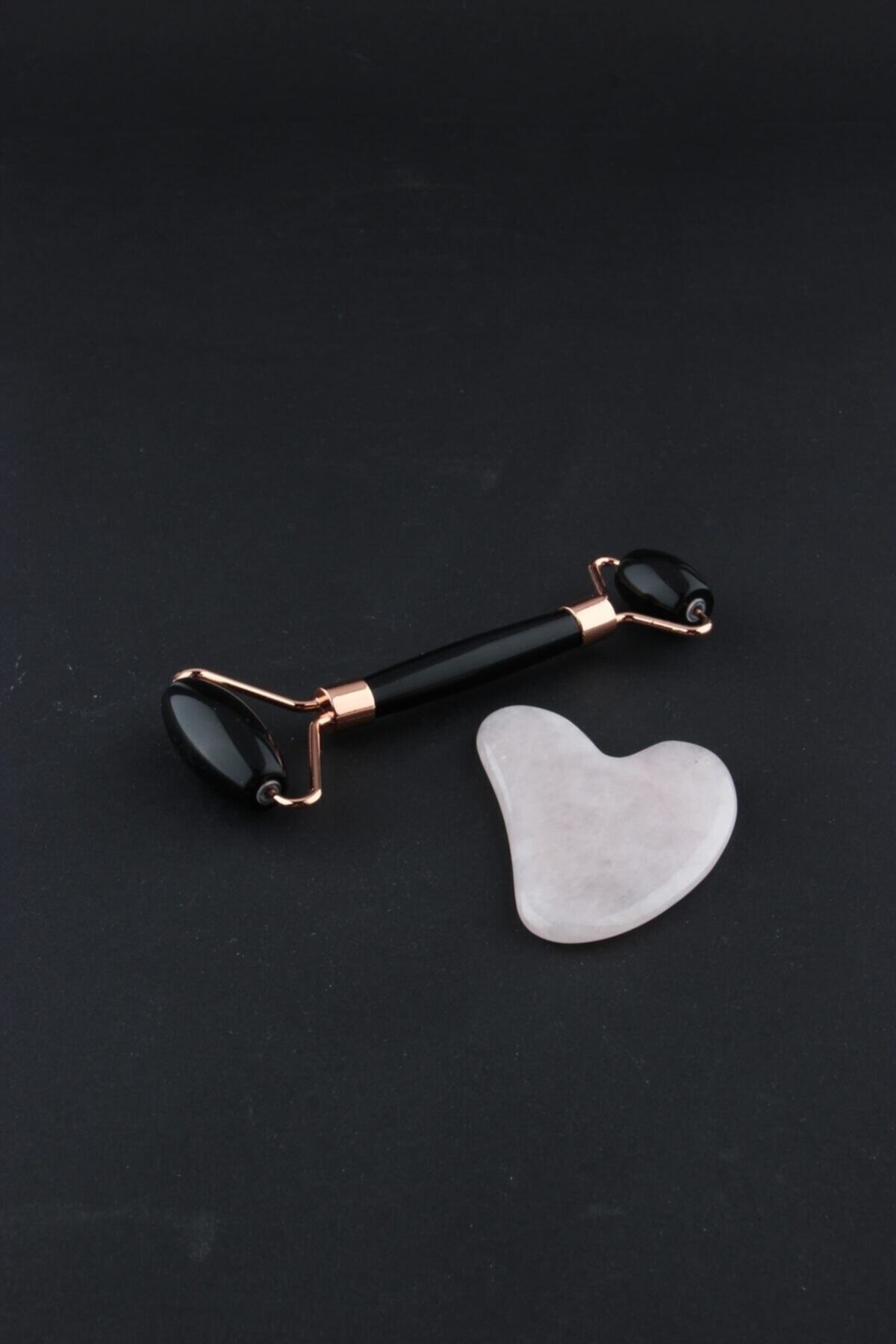 Sertifikalı Obsidyen Masaj Taşı Roller Ve Pembe Kuvars Gua Sha Kalp Tasarımlı Set