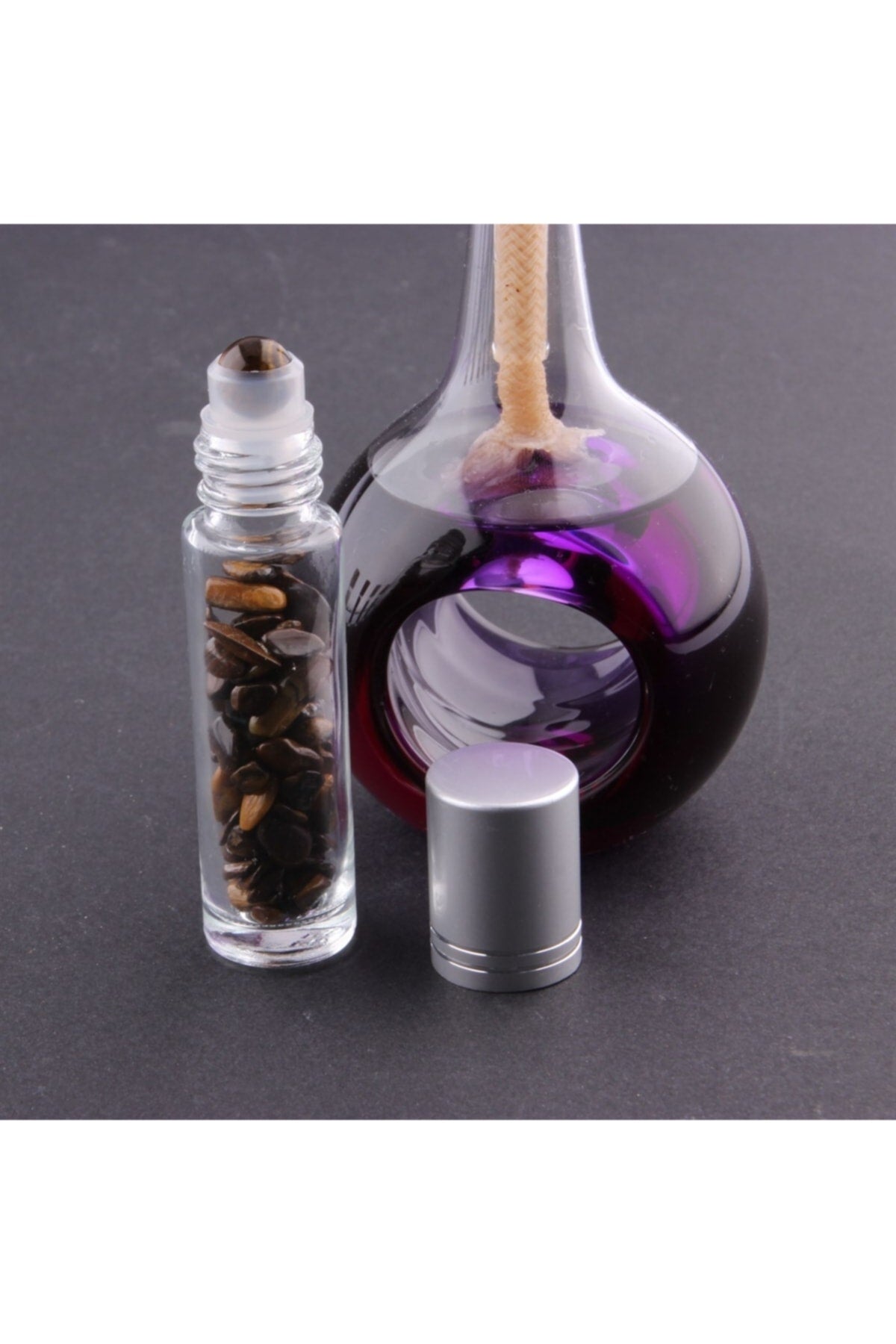 Sertifikalı Kaplan Gözü Taşı Doğal Taş Yüz Ve Cilt Esans Ve Yağ Şişesi - 10 Ml, 8 Cm Metal Kapak