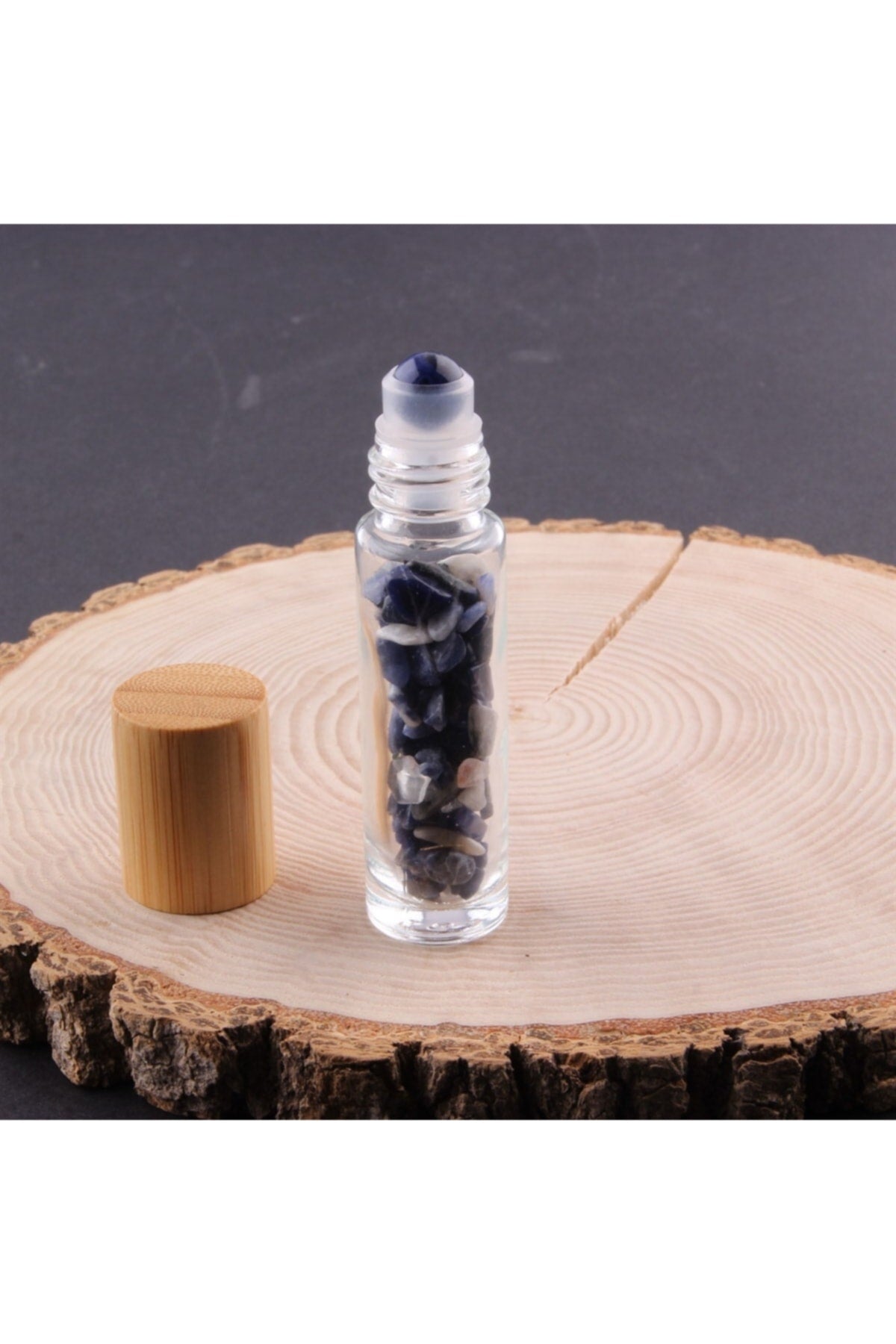 Sertifikalı Sodalit Taşı Doğal Taş Yüz Ve Cilt Esans Ve Yağ Şişesi - 10 Ml, 8 Cm Bambu Kapak