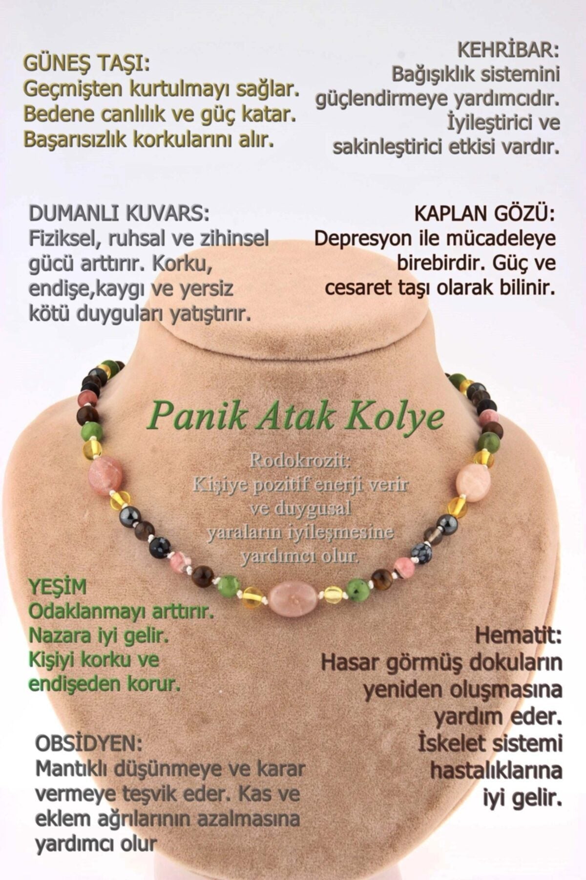 Dumanlı Kuvars Güneş Taşı Kehribar Obsidyen Yeşim Hematit Kaplan Gözü Panik Atak Kolyesi