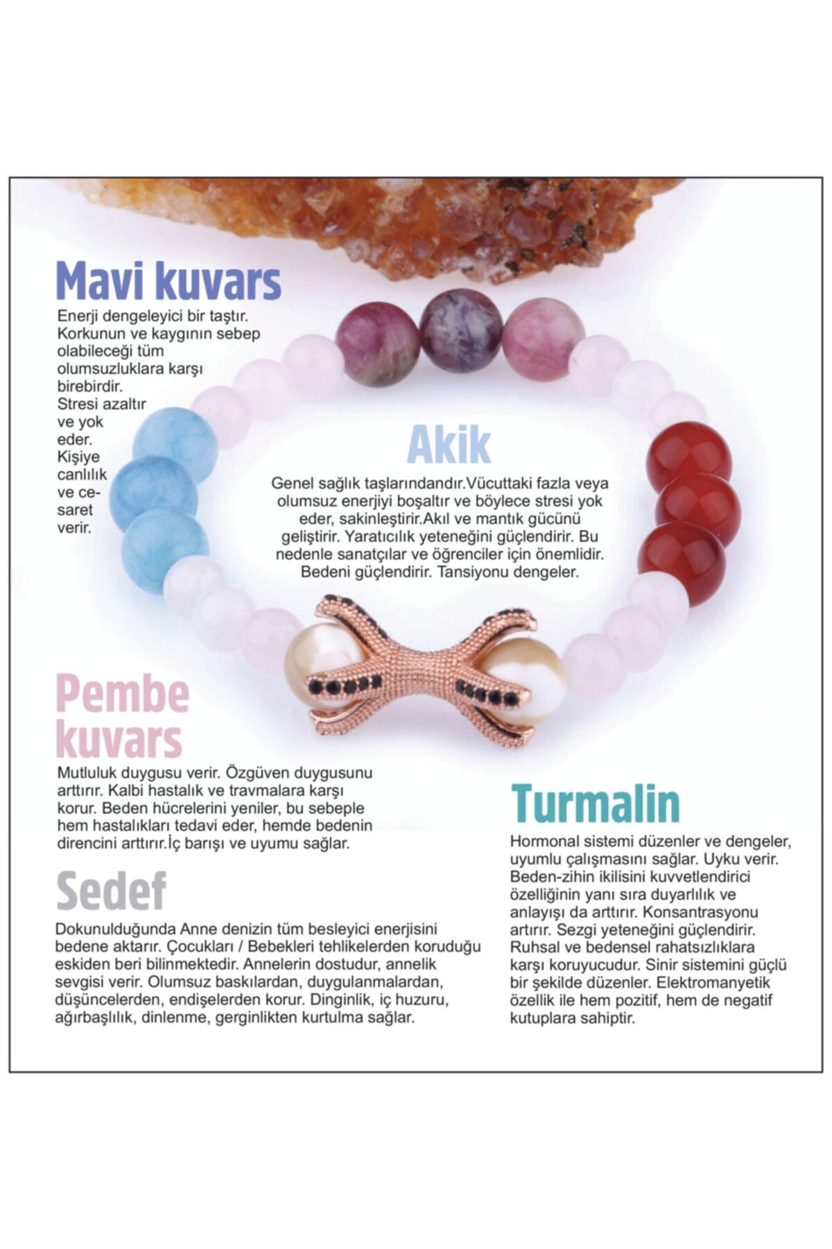 Sertifikalı Doğal Taş Bileklik - Mavi Kuvars-akik-pembe Kuvars-sedef-turmalin