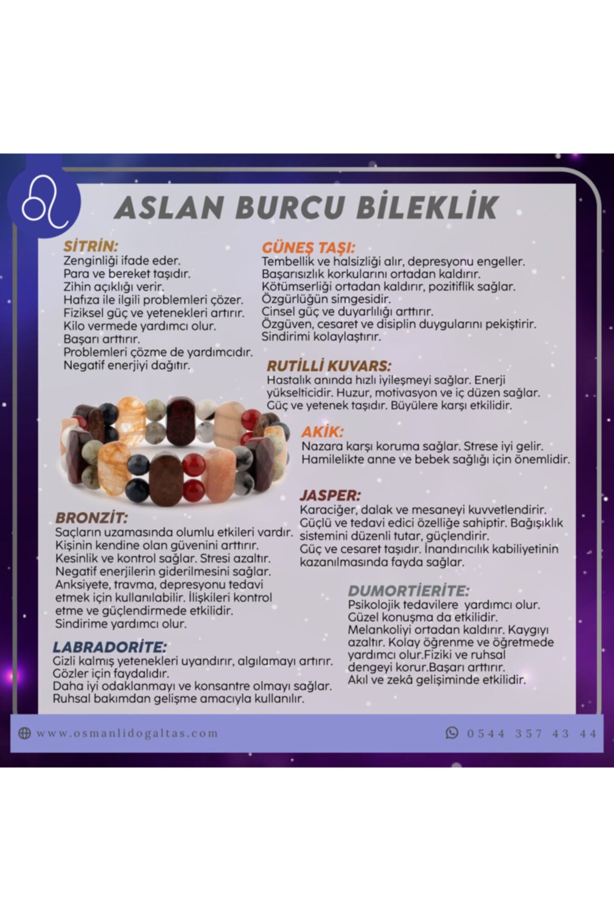 Sertifikalı Aslan Burcu Doğal Taş Roleks Bileklik B002