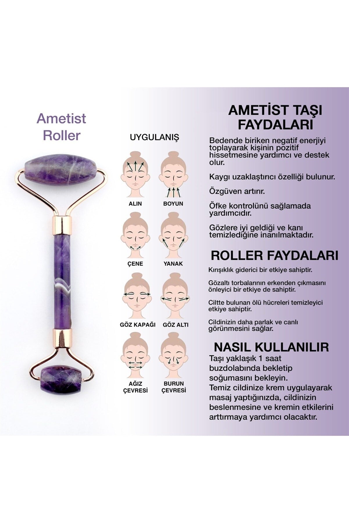 Sertifikalı Ametist Doğal Taşı Roller Masaj Aleti - Mor 15 X 6 Cm Ma039