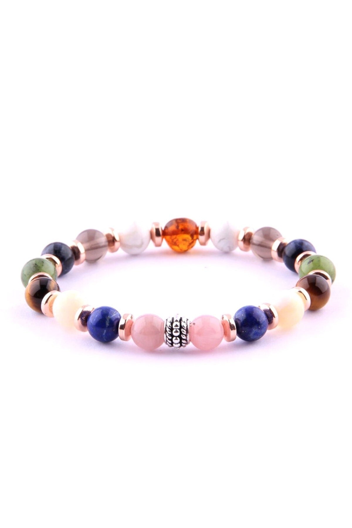 Sertifikalı Öğrenci Bilekliği-kehribar-yeşim-lapis-kalsit-dumanlı Kuvars-havlit-hematit-8 Mm B178