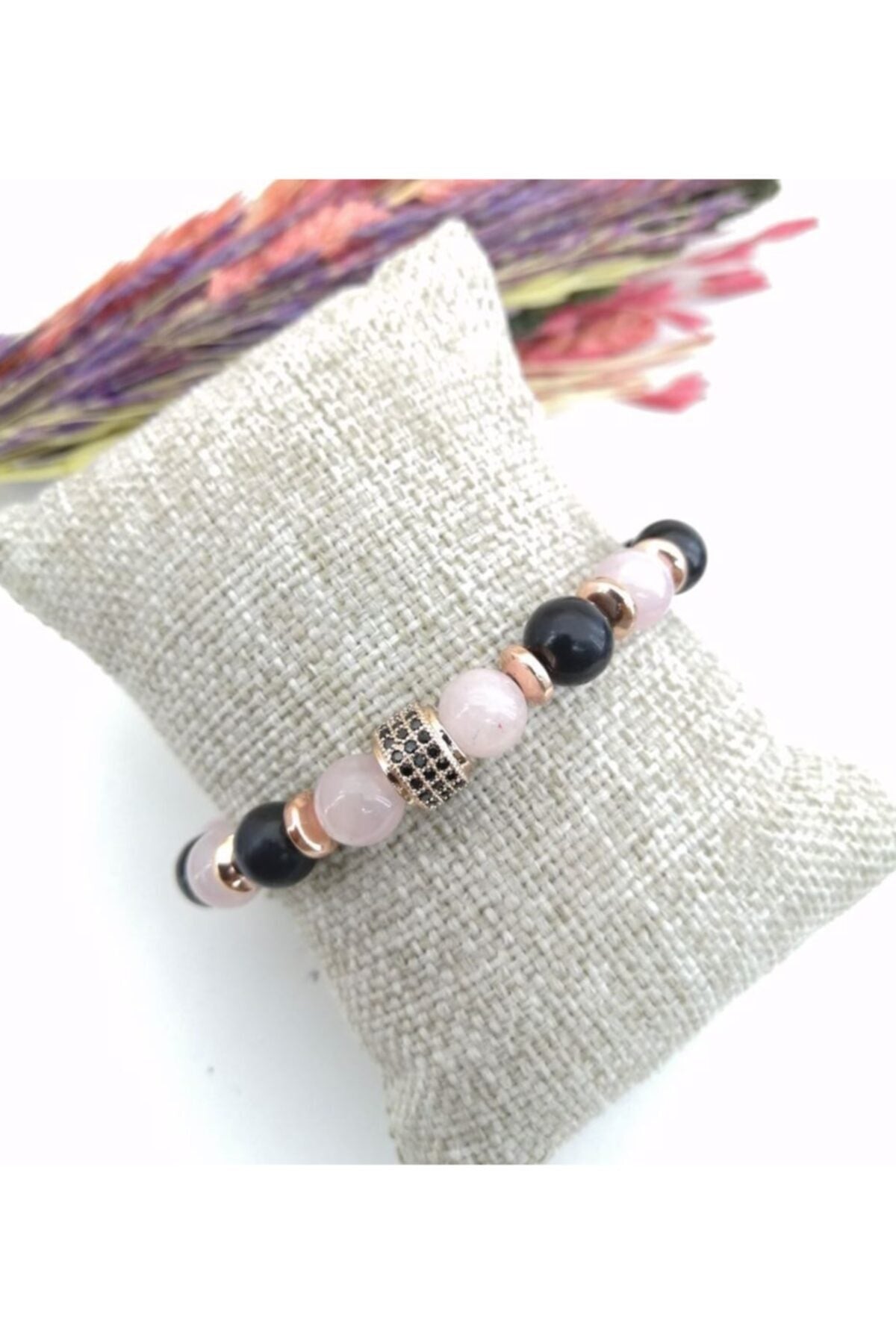 Sertifikalı Doğal Taş Bileklik - Pembe Kuvars,shungite