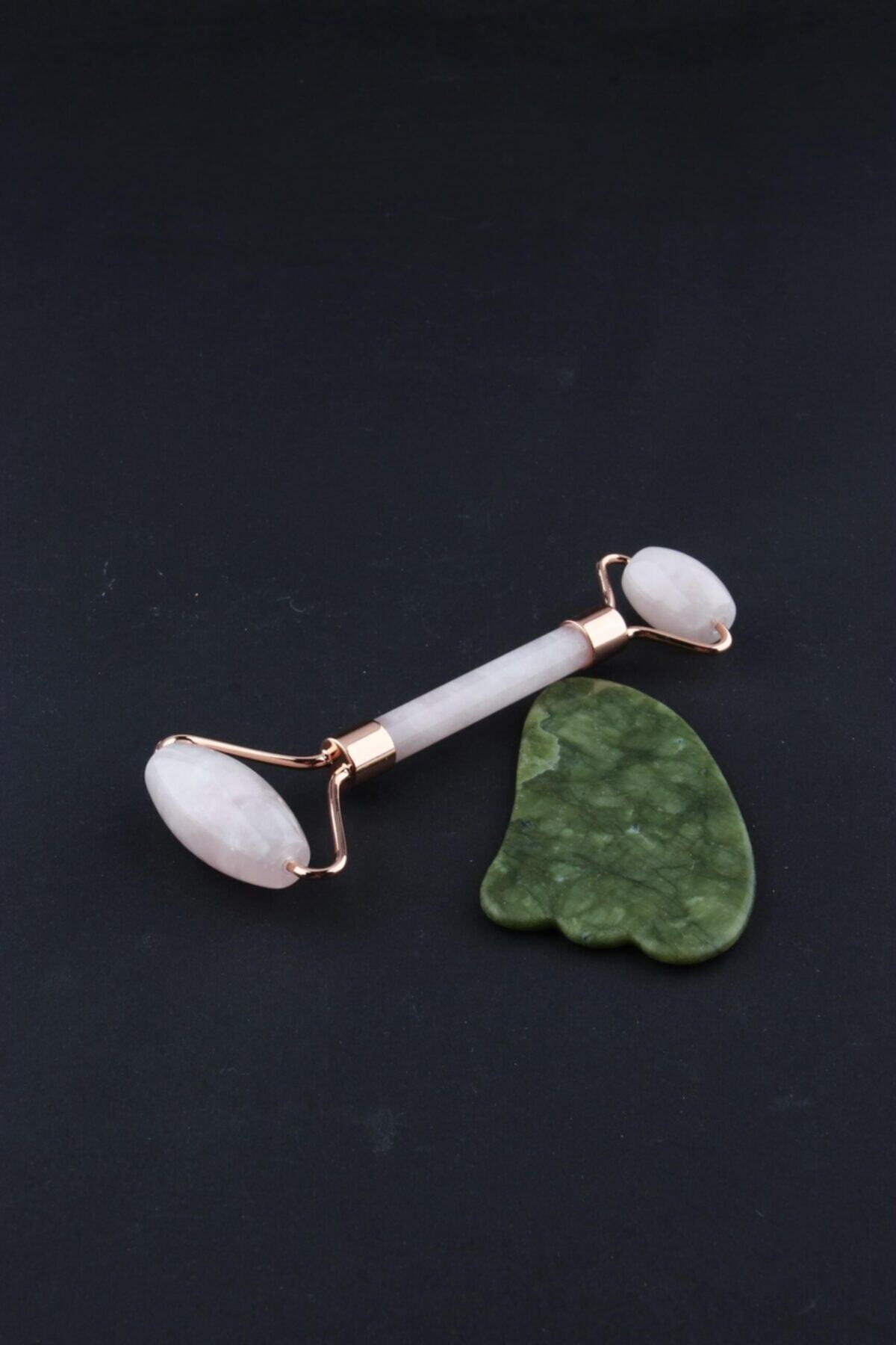 Sertifikalı Pembe Kuvars Masaj Taşı Roller Ve Yeşim Gua Sha (KAZ AYAĞI TASARIMLI) Set