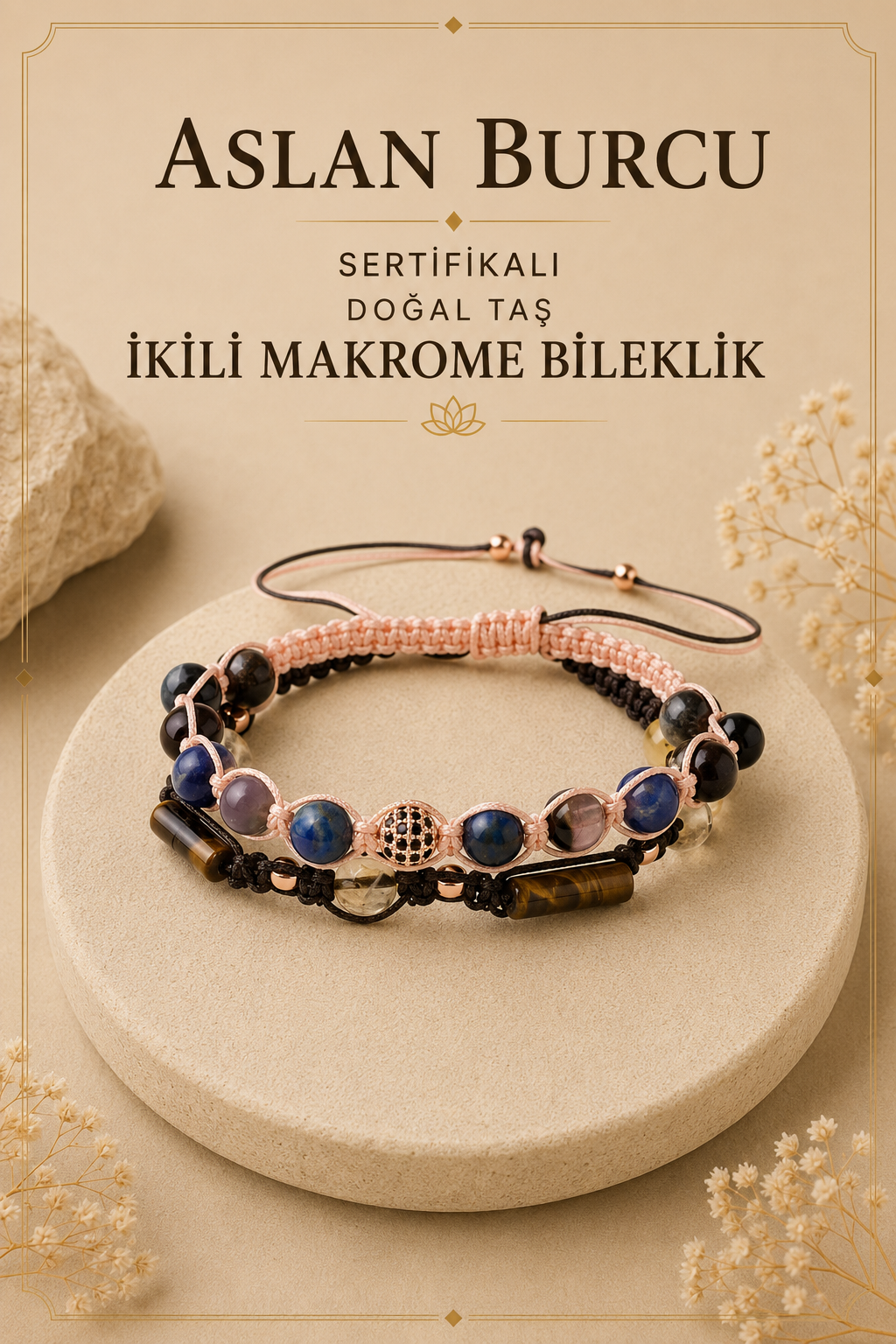 SERTİFİKALI Aslan Burcu Doğal Taş İkili Makrome Bileklik