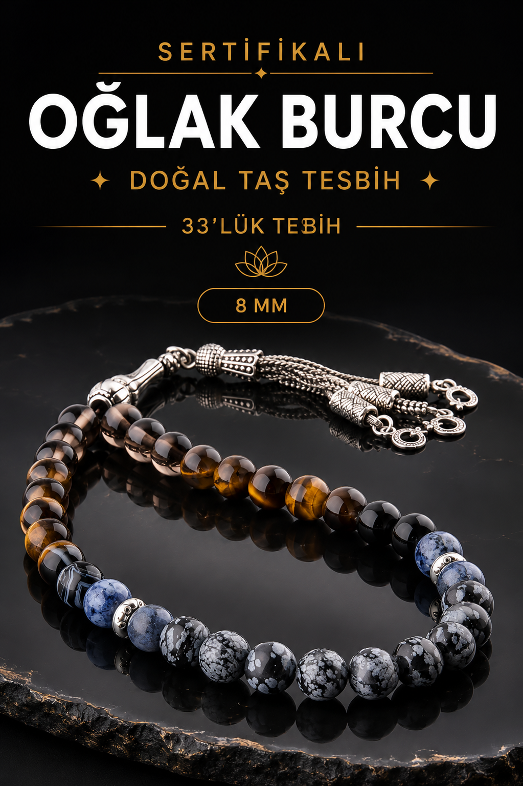 Orijinal & Sertifikalı Oğlak Burcu Doğal Taş El Yapımı Özel Kutulu Hediyelik Erkek Tesbih 33lük 8mm