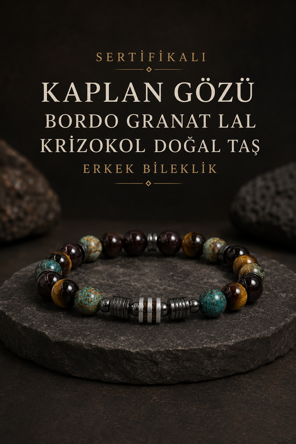 Kaplan Gözü-bordo Granat Lal-krizokol Doğal Taş Erkek Bileklik