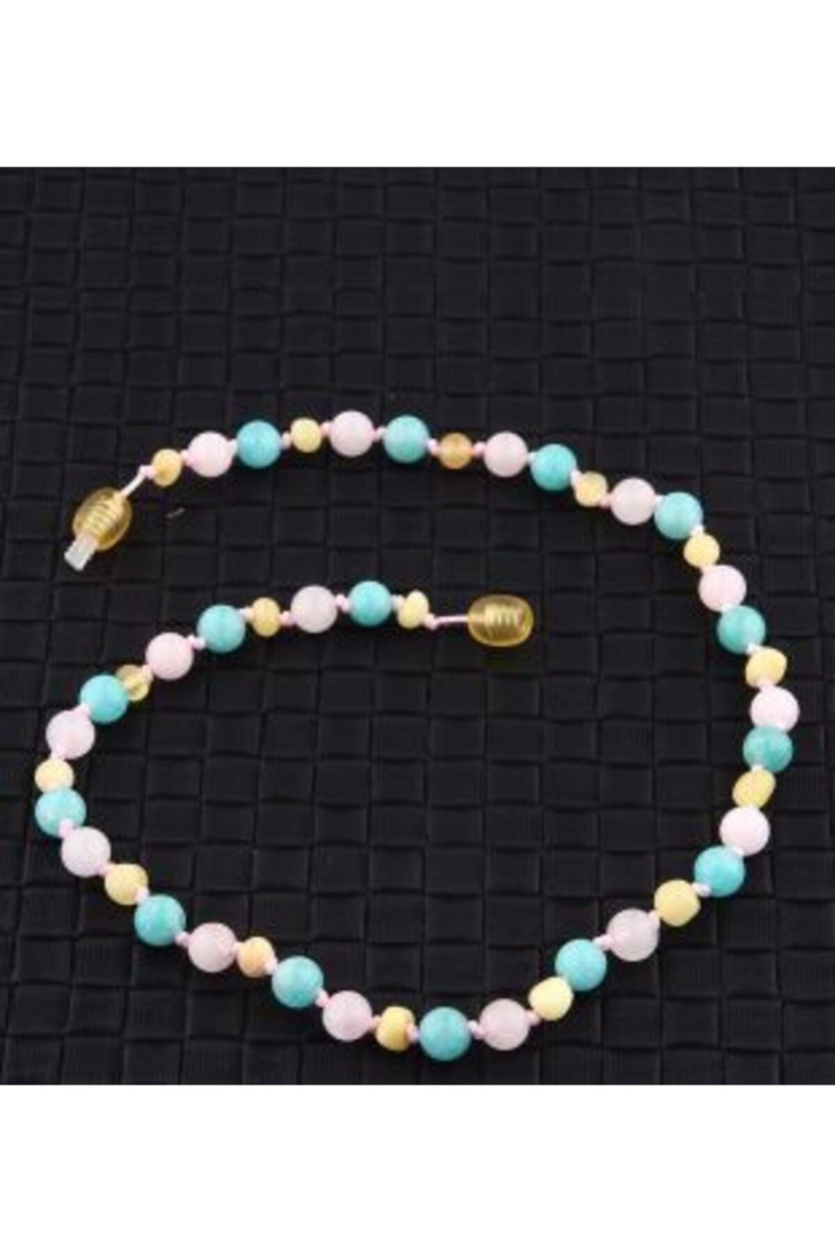 Sertifikalı Doğal Taş Bebek Kolye - Pembe Kuvars-kehribar-amazonit