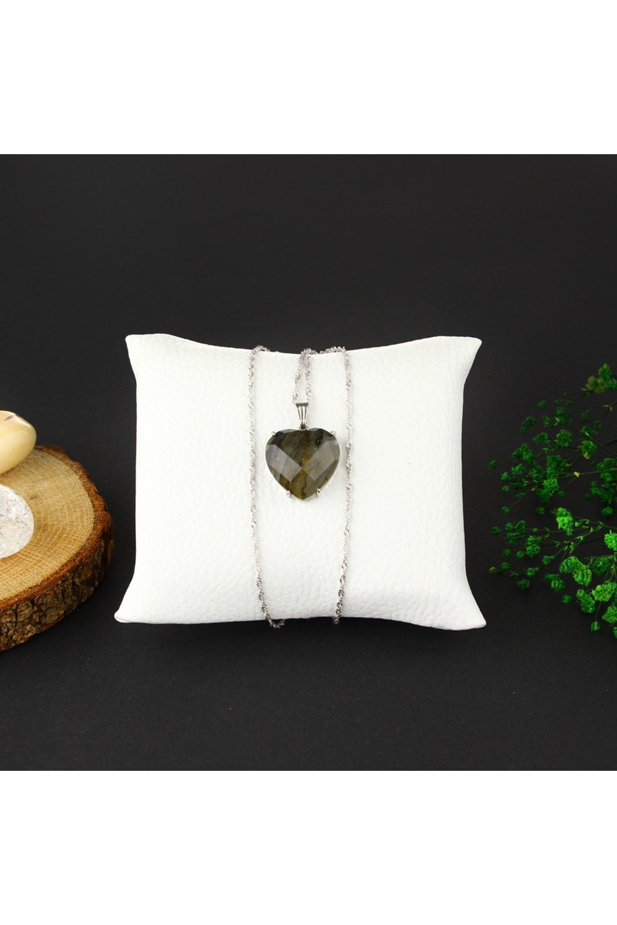 Sertifikalı Labradorite Doğaltaş Kalpli Kolye Ucu, Gümüş Zincirle Beraber M442