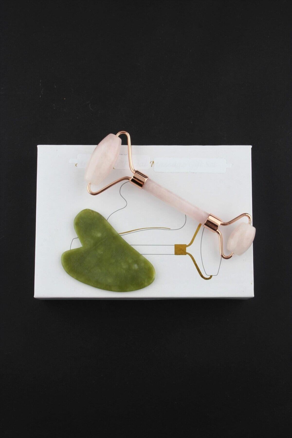 Sertifikalı Pembe Kuvars Masaj Taşı Roller Ve Yeşim Gua Sha (KALP TASARIMLI) Set