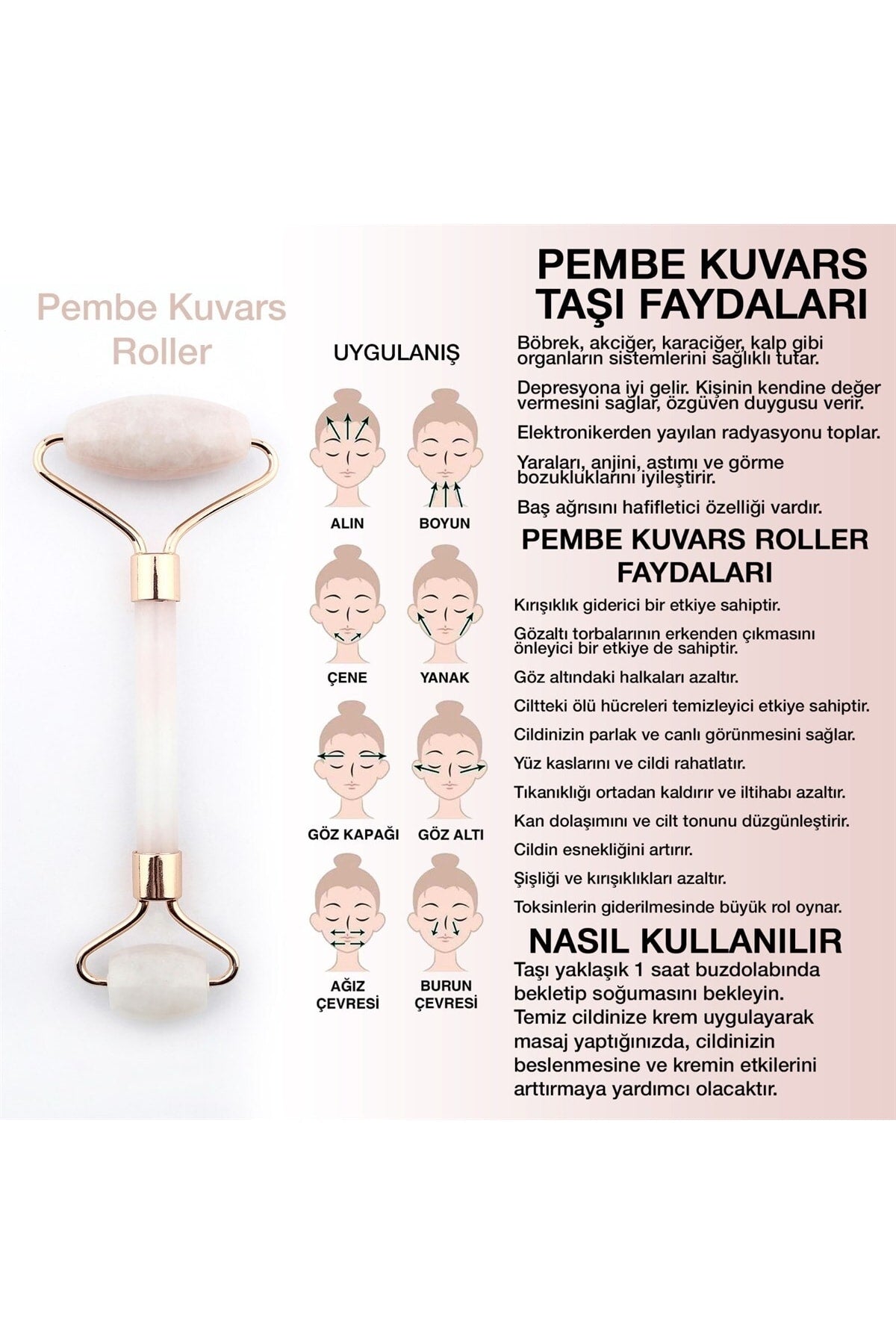 Sertifikalı Pembe Kuvars Doğal Taşı roller Masaj Aleti - 15 X 6 Cm Ma038