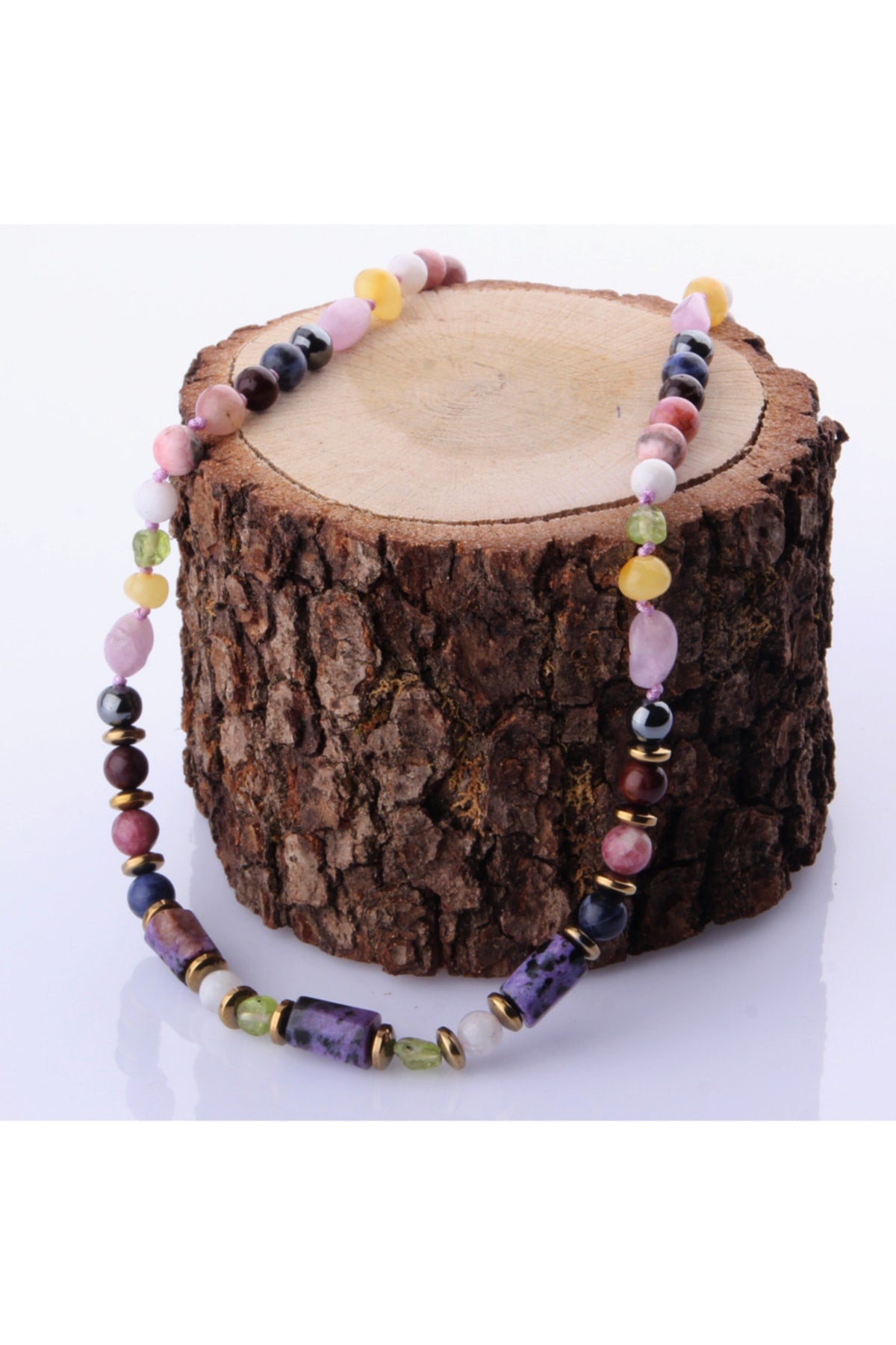 Sertifikalı Çeroit - Kehribar - Zebercet - Turmalin - Rodokrozit - Ay Doğal Taşı Kolye - 6 Mm M342