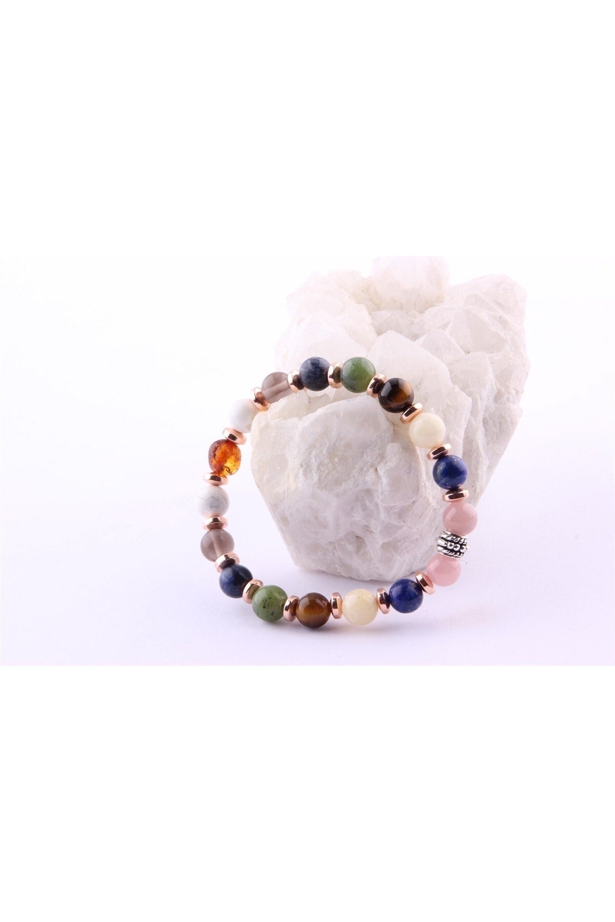 Sertifikalı Öğrenci Bilekliği-kehribar-yeşim-lapis-kalsit-dumanlı Kuvars-havlit-hematit-8 Mm B178