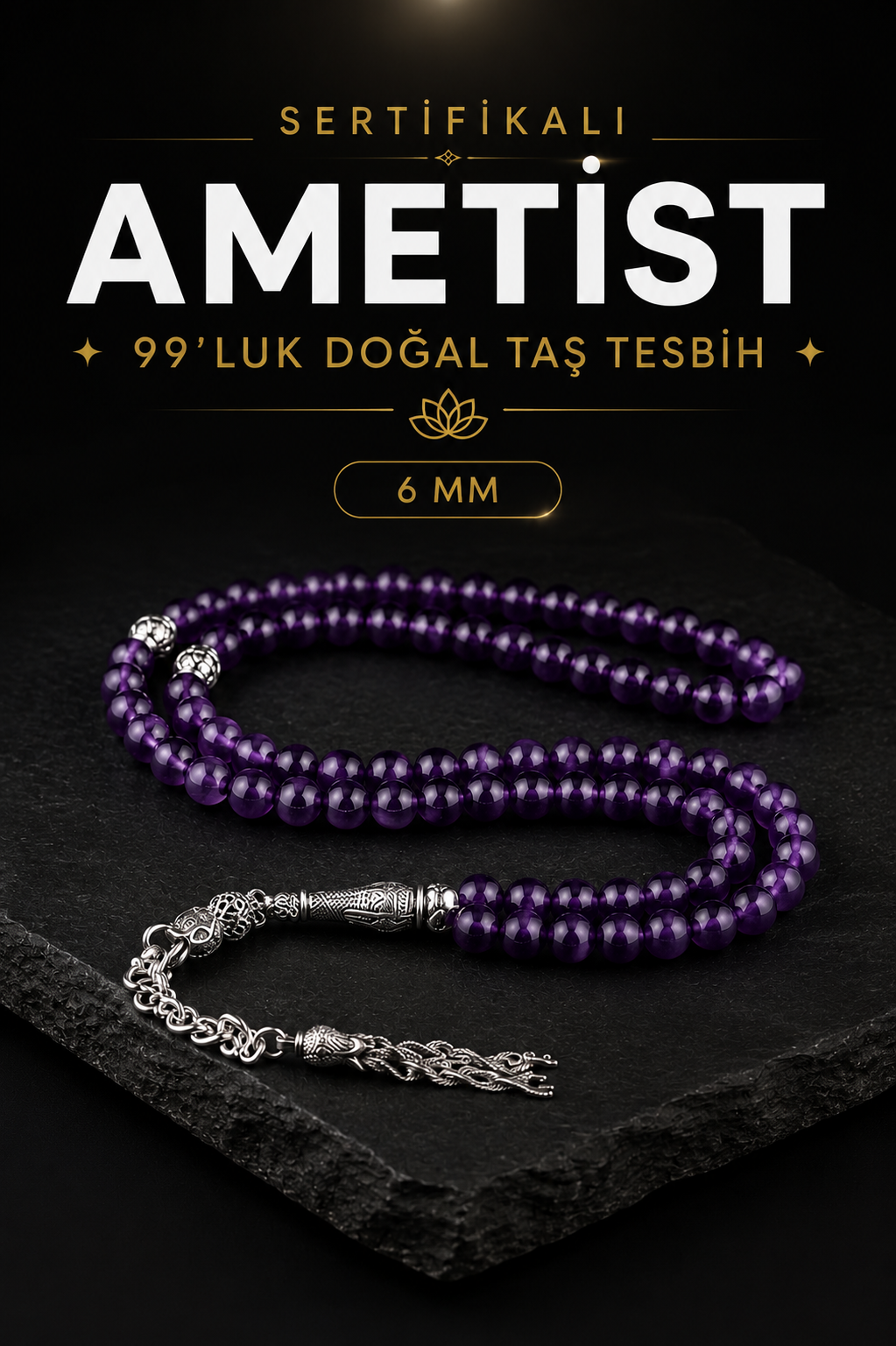 Sertifikalı Ametist 99'luk Doğal Taş Tesbih 6 Mm, T068