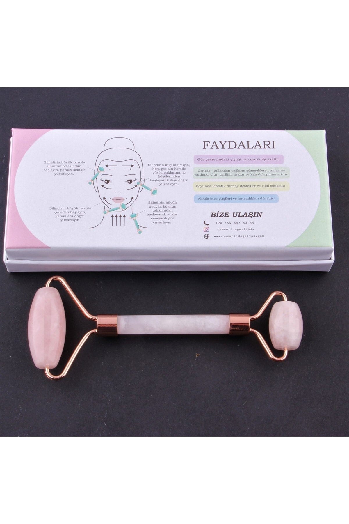 Sertifikalı Pembe Kuvars Doğal Taşı roller Masaj Aleti - 15 X 6 Cm Ma038