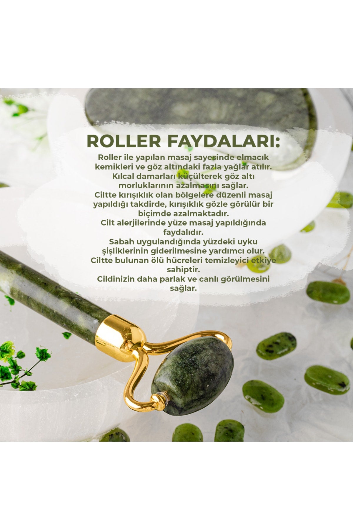 Sertifikalı 1. Sınıf Yeşim Doğal Taşı Roller Ve Kalpli Gua Sha Masaj Takımı Ma047
