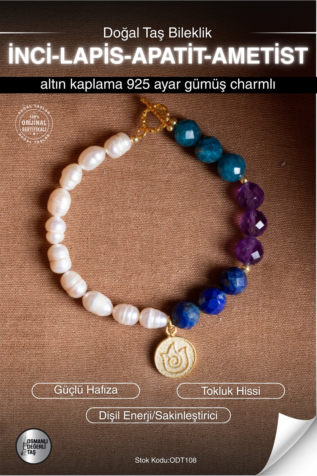 Sertifikalı İNCİ-LAPİS-APATİT-AMETİST Doğal Taş Altın Kaplama Gümüş Charm Bileklik ODT108