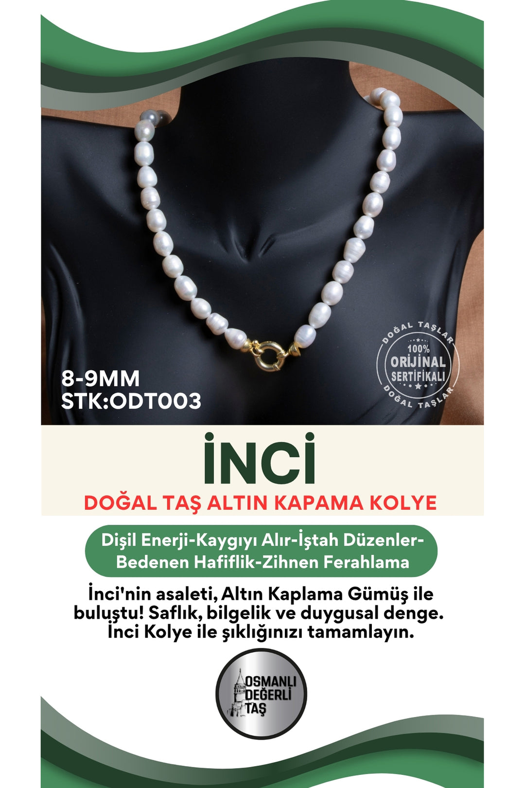 Sertifikalı Doğal Taş İnci Altın Kaplama 925 Ayar Gümüş Aparatlı Kolye ODT003