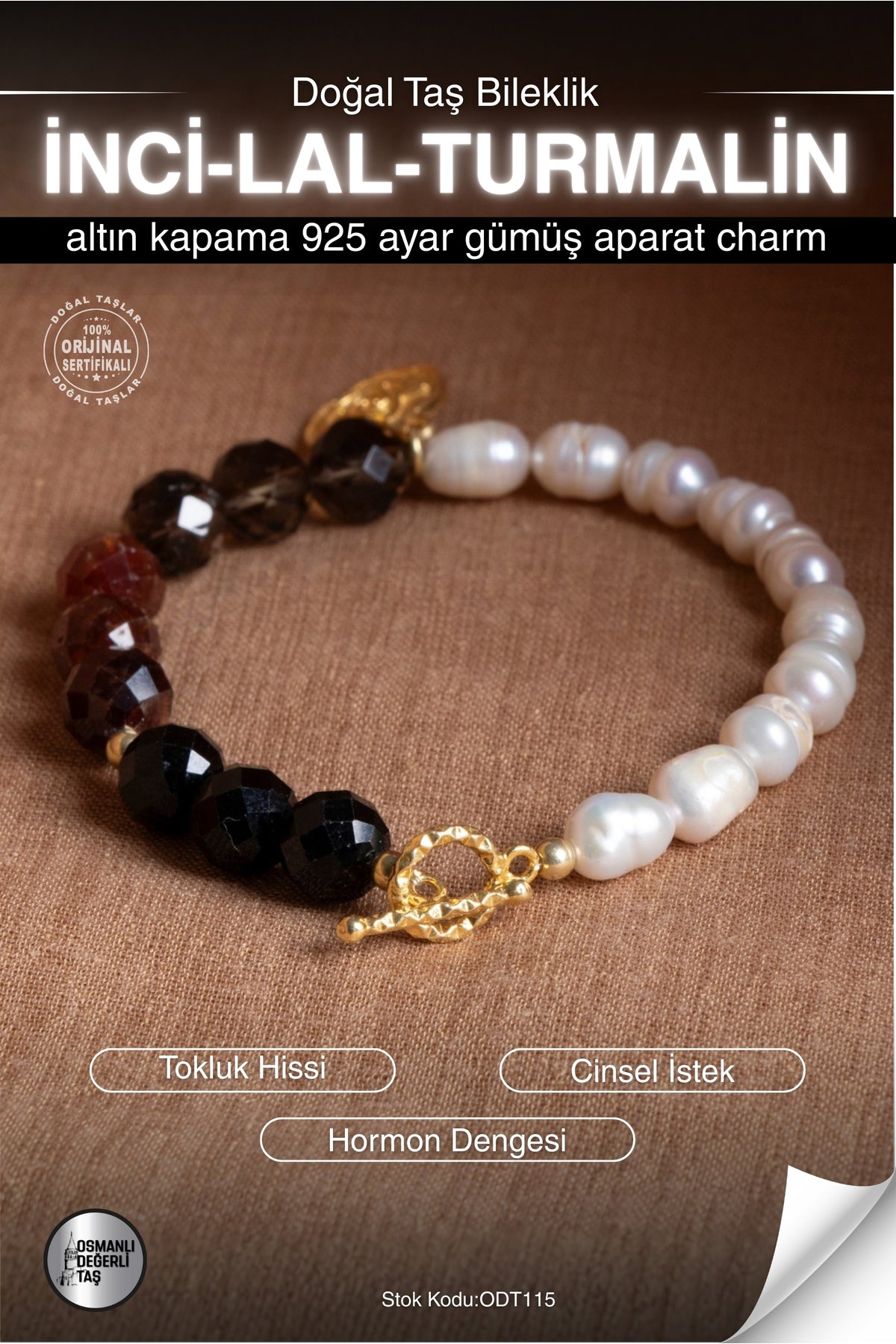 Sertifikalı İNCİ-LAL-TURMALİN Doğal Taş Altın Kaplama Gümüş Charm Bileklik ODT115