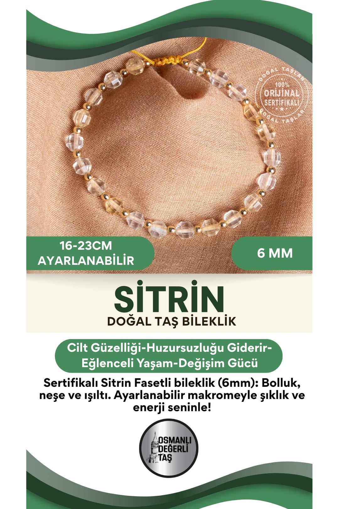 SERTİFİKALI Sitrin Fasetli Doğal Taş Makrome Ayarlanabilir Bileklik 6mm