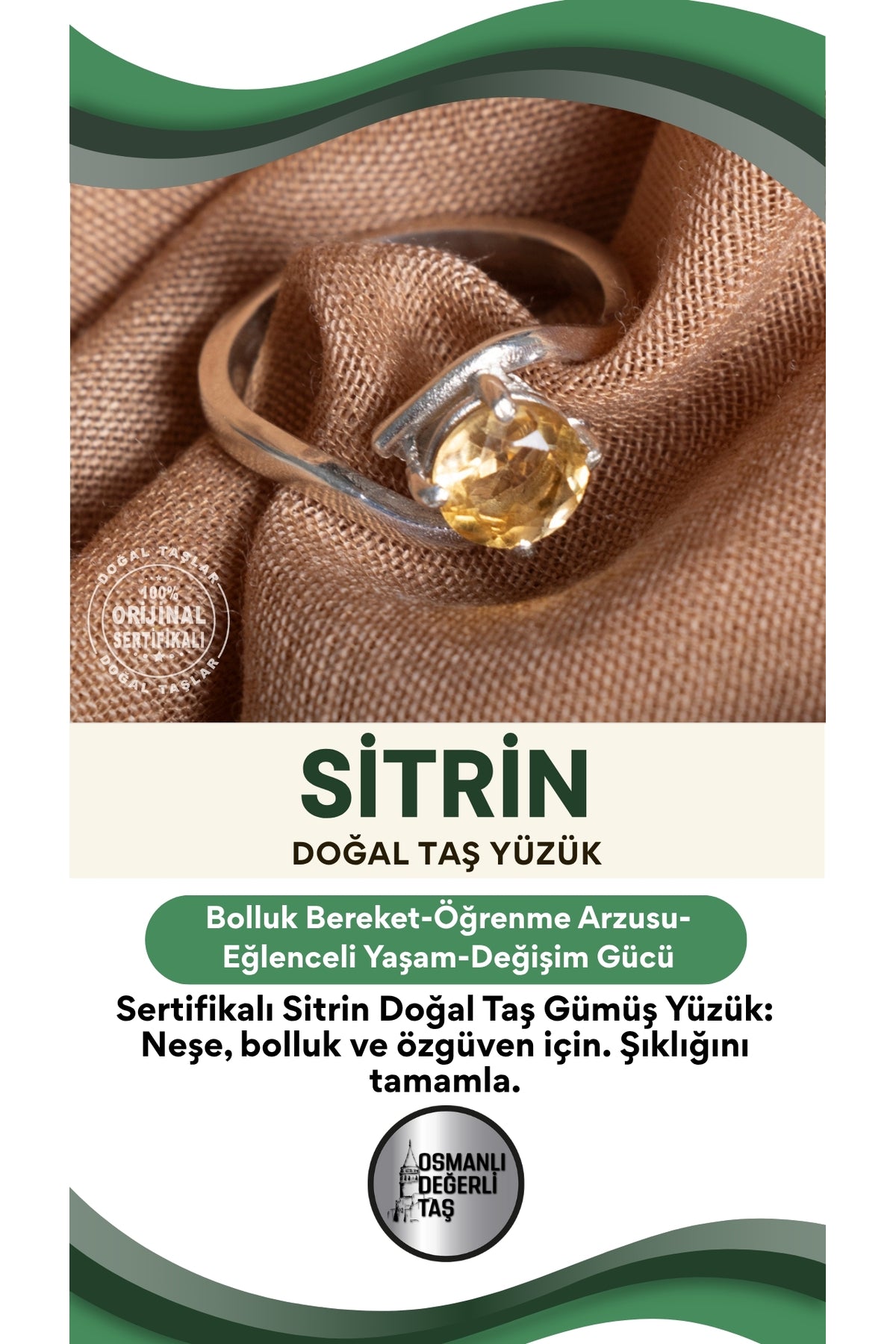 SERTİFİKALI Sitrin Doğal Taş Gümüş Yüzük