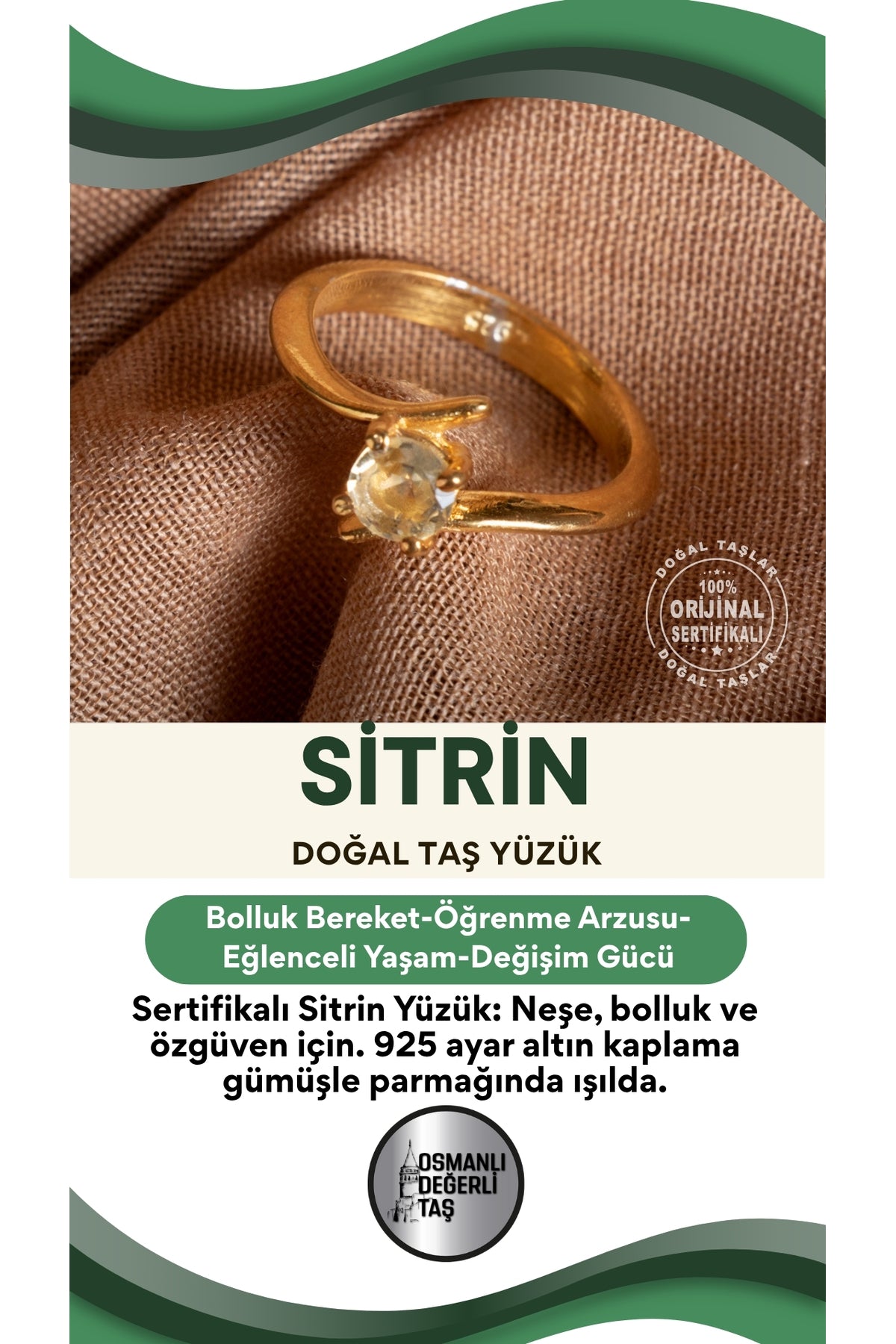 SERTİFİKALI Sitrin Doğal Taş Gümüş Altın Kaplama Yüzük