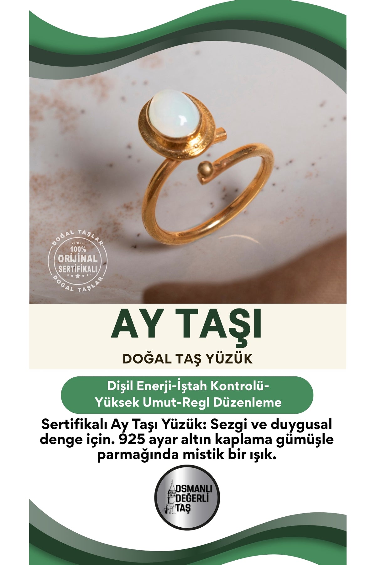 SERTİFİKALI Ay Taşı Doğal Taş 925 Ayar Gümüş Altın Kaplama Yüzük