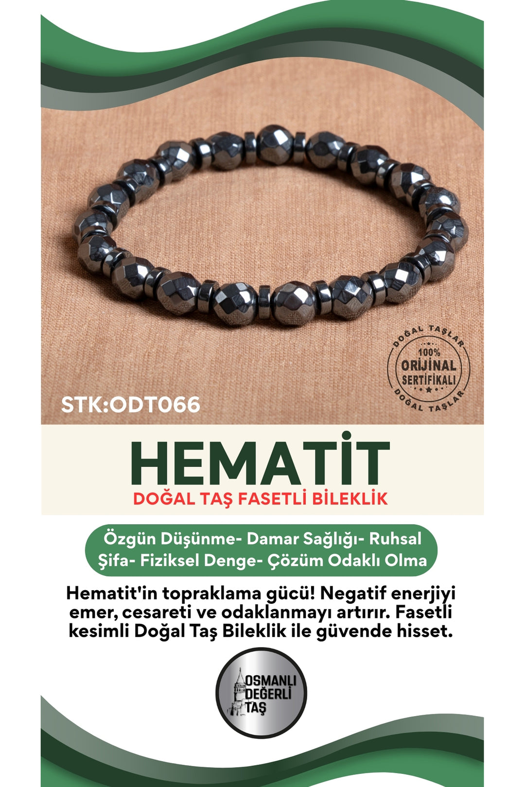 Sertifikalı Hematit Doğal Taş Fasetli Bileklik ODT066