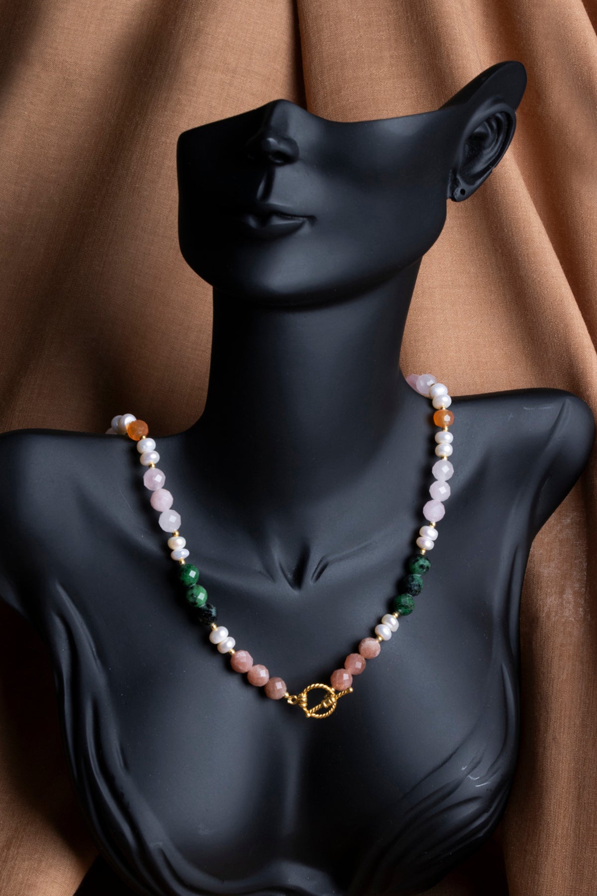 SERTİFİKALI Güneş Taşı-Anyolit-İnci-Karnelyan Akik-Pembe Kuvars Doğal Taş Gümüş Aparat Kolye ODT154