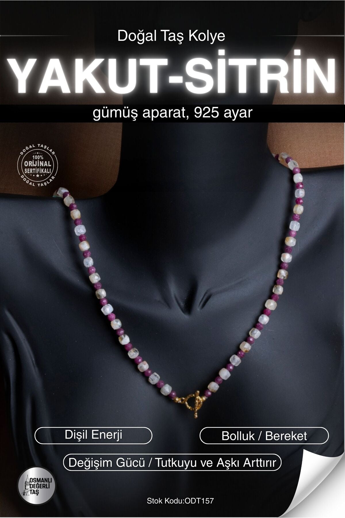 SERTİFİKALI Yakut-Sitrin Doğal Taş Gümüş Aparat Kolye ODT157