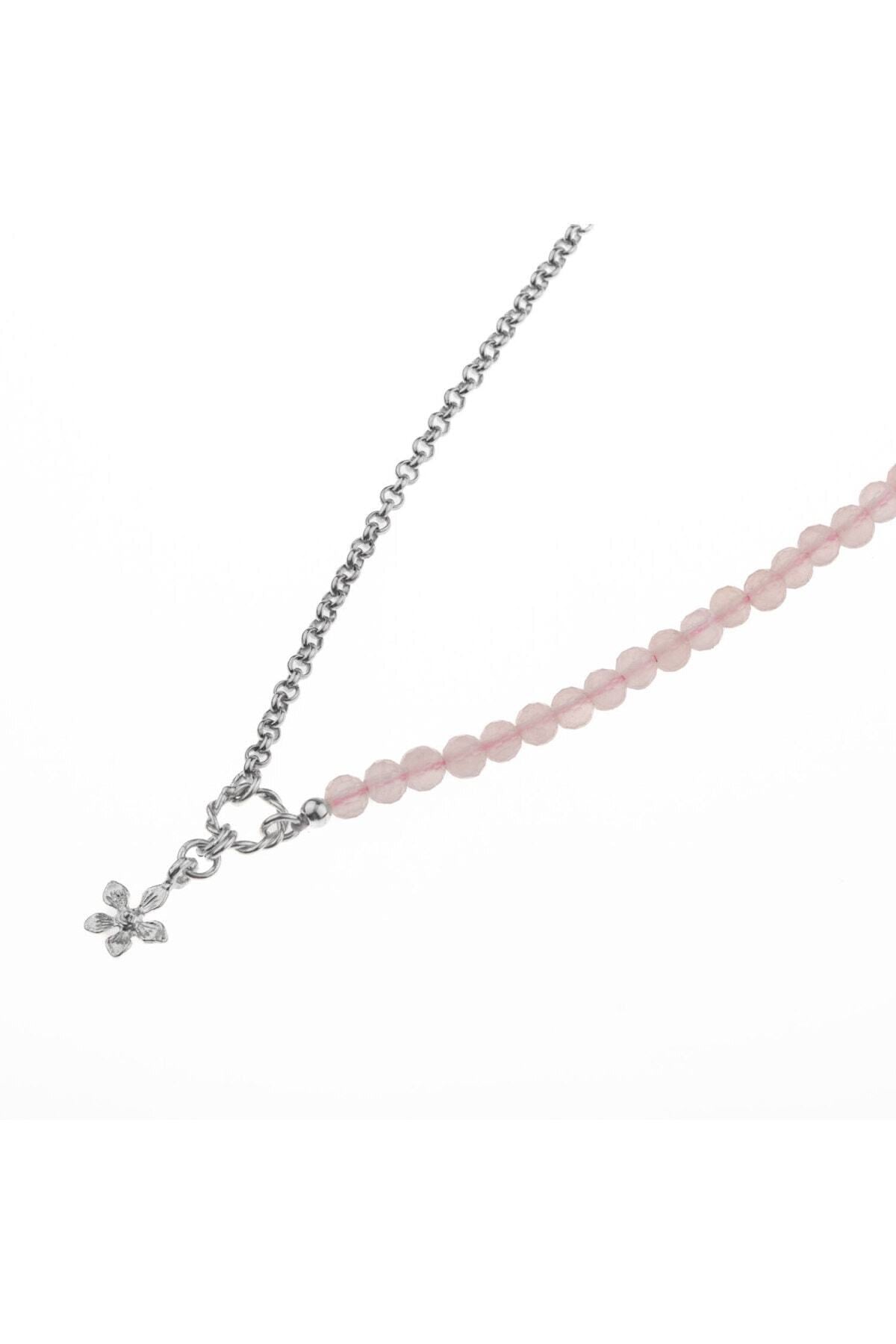 Pembe Kuvars Doğal Taşlı Papatya Gümüş Kolye
