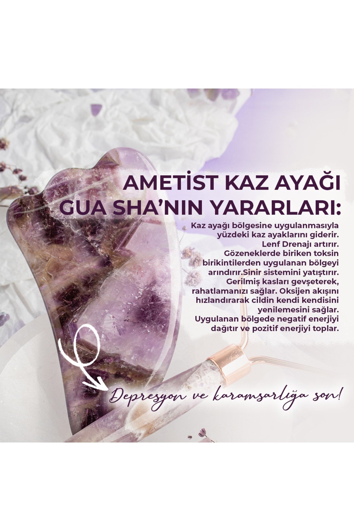 Sertifikalı Ametist Doğal Taş Roller Ve Kaz Ayağı Gua Sha Masaj Takımı Ma068