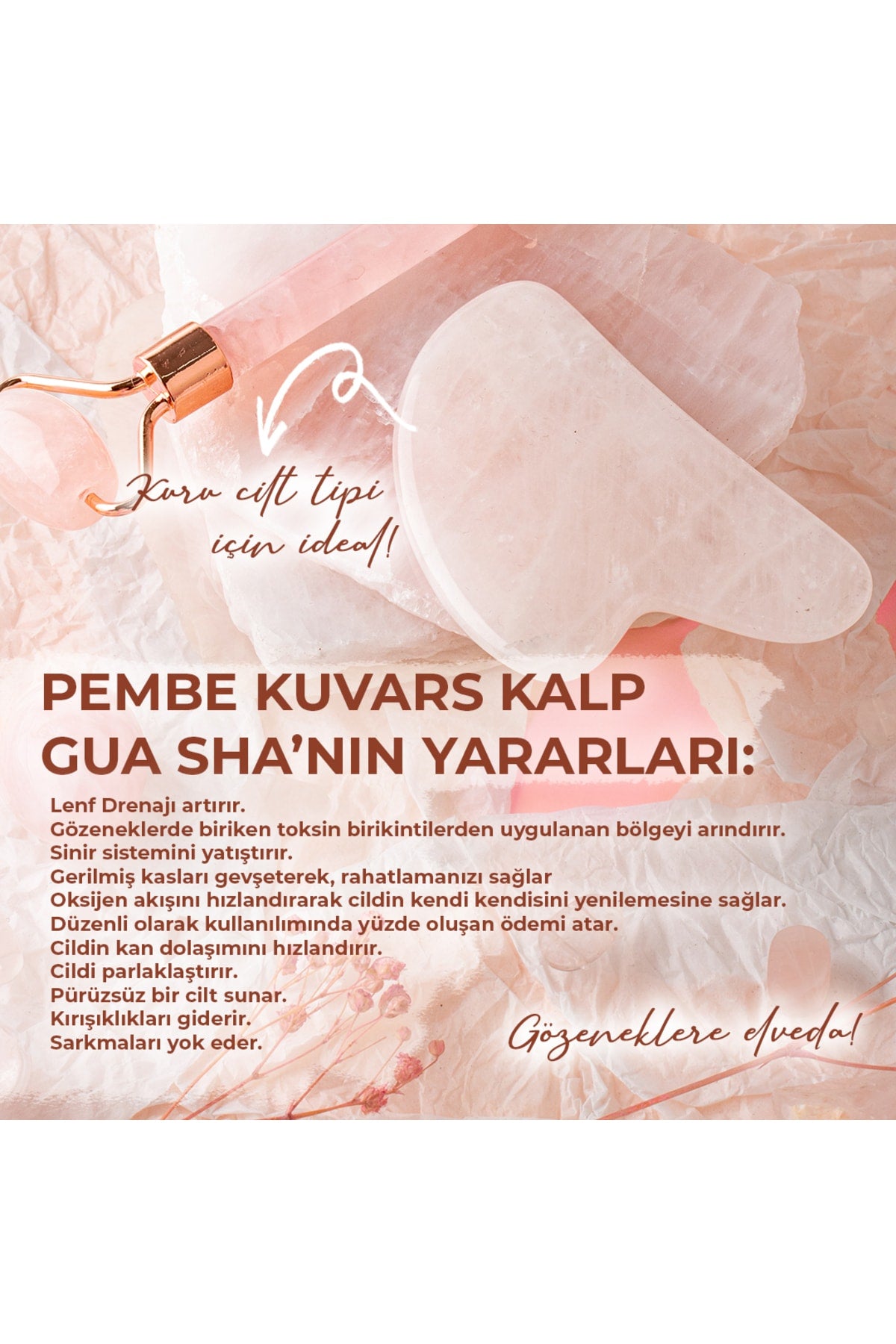 Sertifikalı Pembe Kuvars Doğal Taşı Roller Ve Kalpli Gua Sha Masaj Takımı