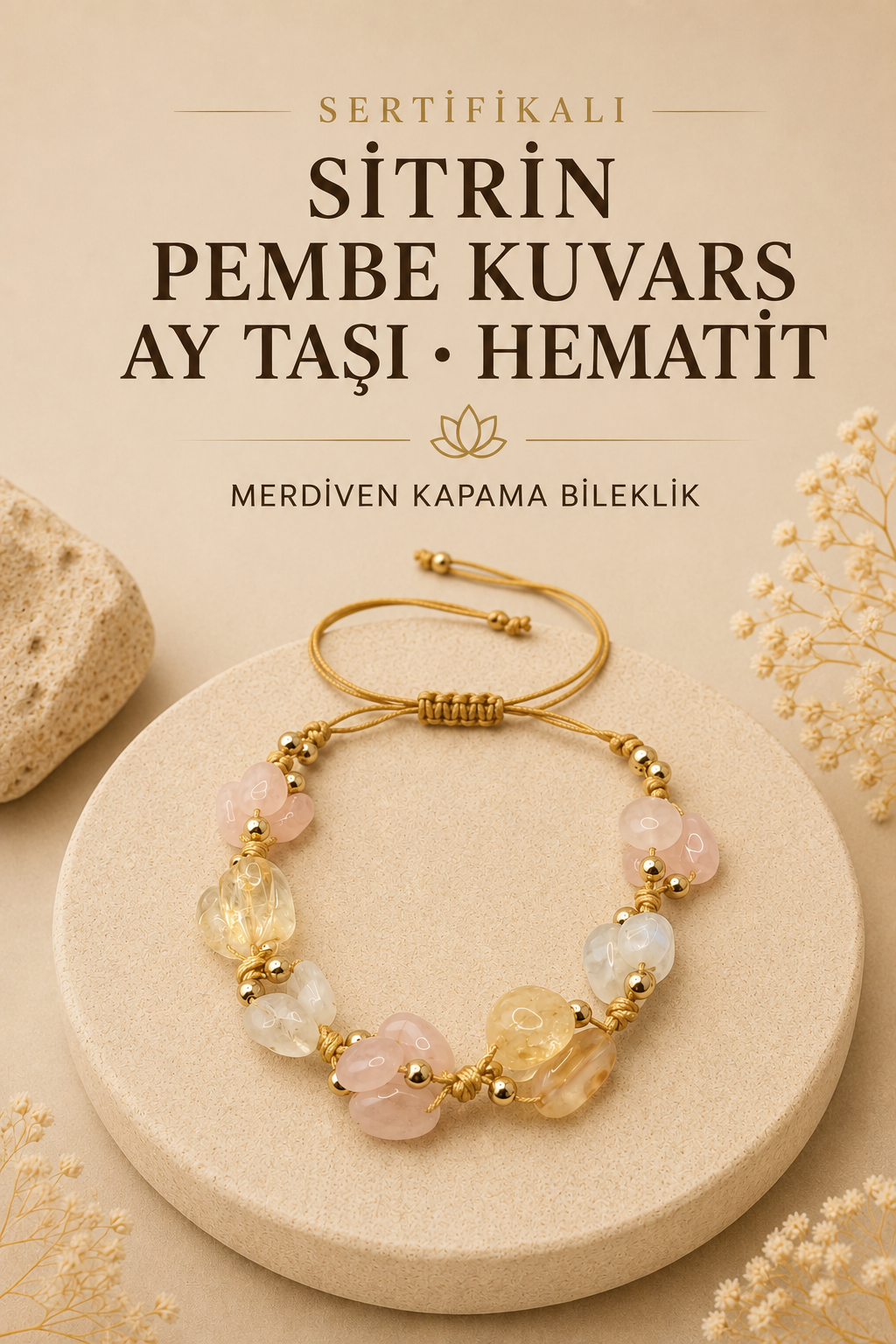 Sertifikalı Hakiki Sitrin-pembe Kuvars-ay Taşı-hematit Doğal Taş Ipli Merdiven Kapama Bileklik