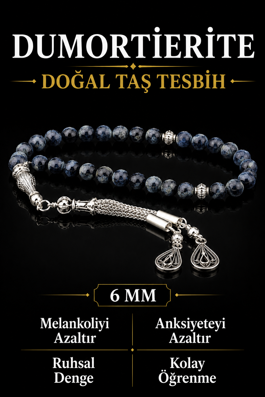 Sertifikalı Dumortierite Doğal Taş Tesbih 6 Mm, T189