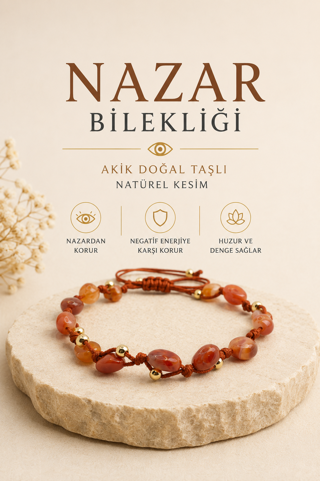 Nazar Bilekliği Akik Doğal Taşlı Natürel Kesim