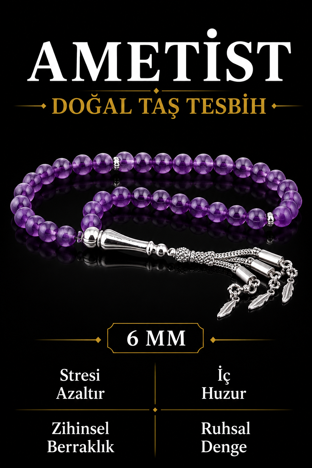 Sertifikalı Ametist Doğal Taş Tesbih T170