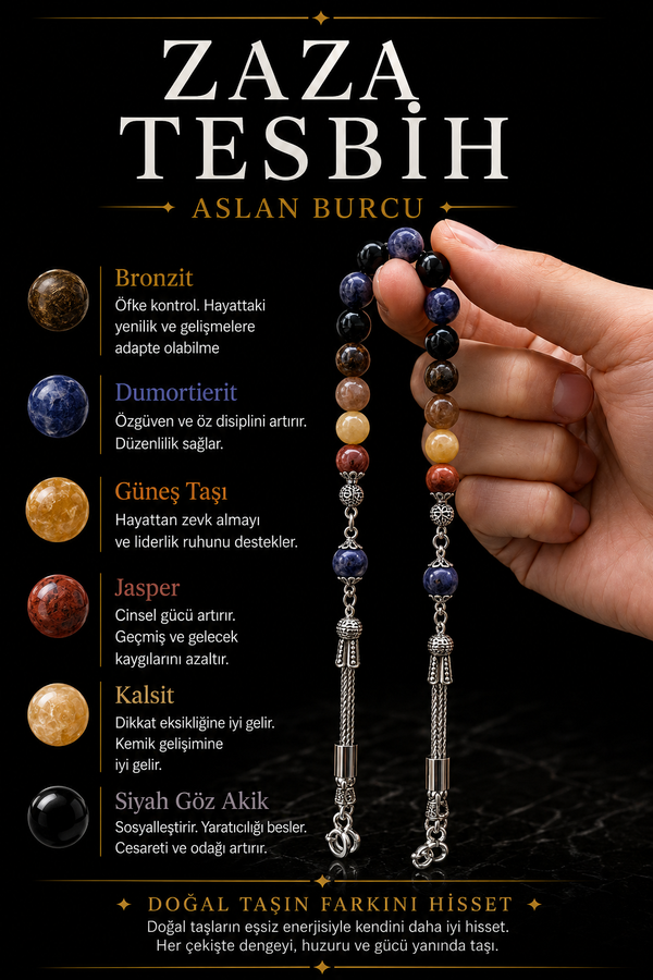 Aslan Burcu Zaza Tesbih Doğal Taş Bronzit, Dumortierit, Güneş Taşı, Jasper, Kalsit, Siyah Göz Akik