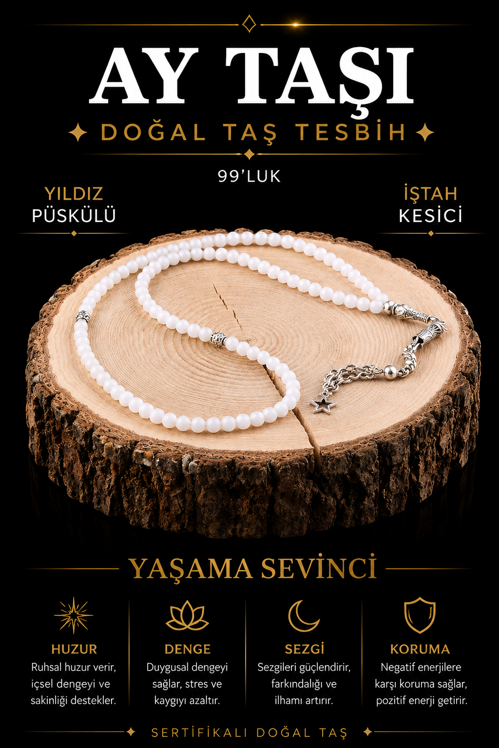 Sertifikalı Ay Taşı 99'luk Doğaltaş Tesbih 6 Mm, T218
