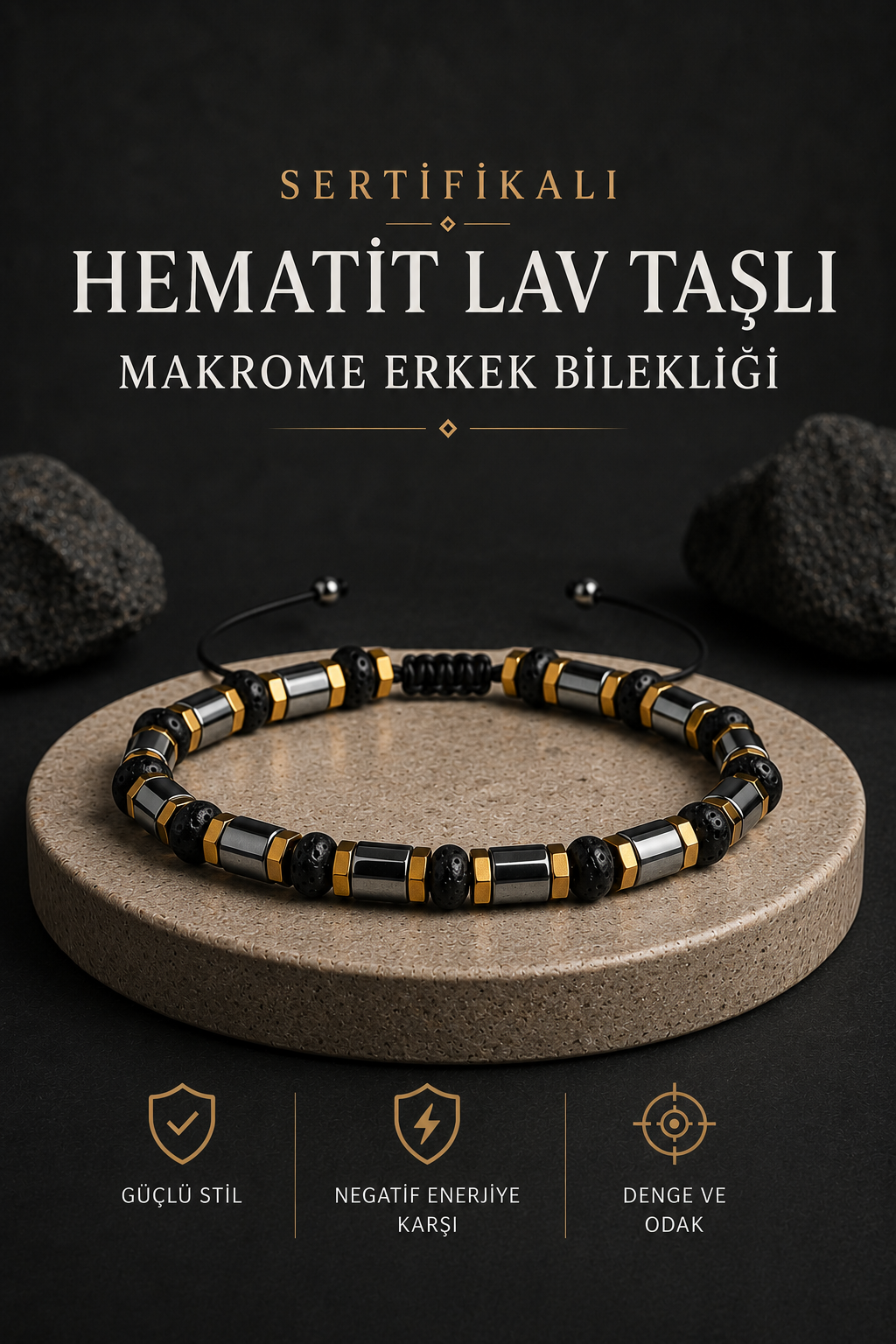 Sertifikalı Hematit Lav Taşlı Makrome Erkek Bilekliği