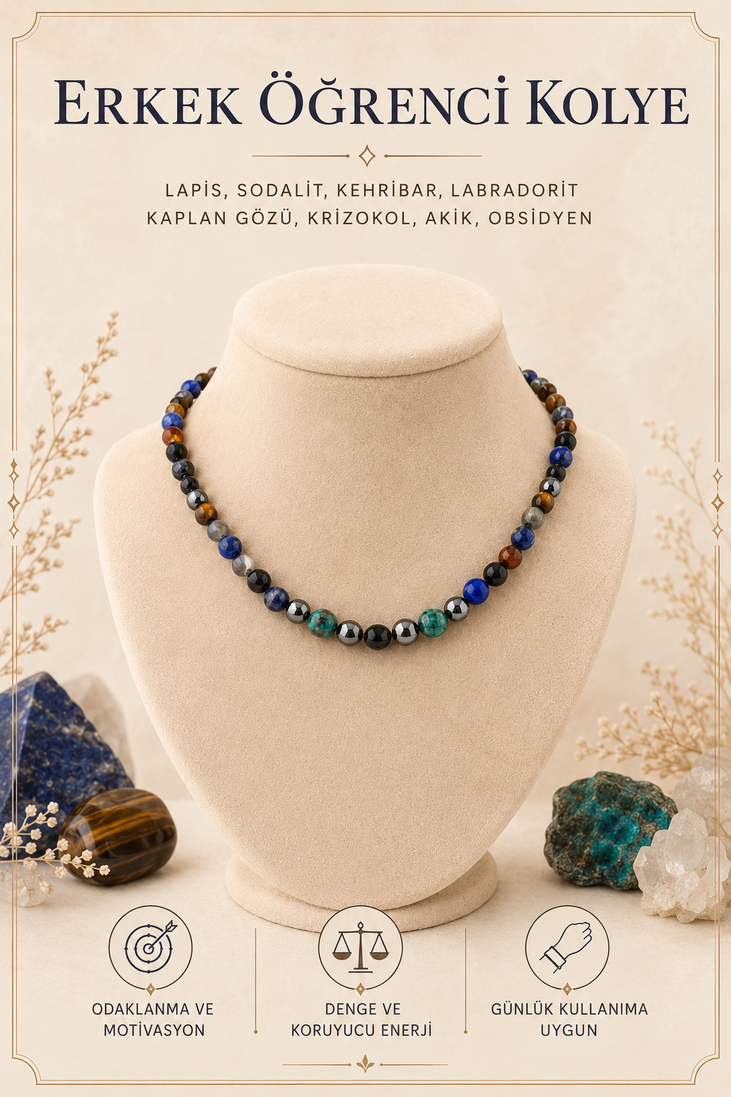 Erkek Öğrenci Kolye- Lapis, Sodalit, Kehribar, Labradorit, Kaplan Gözü, Krizokol, Akik, Obsidyen