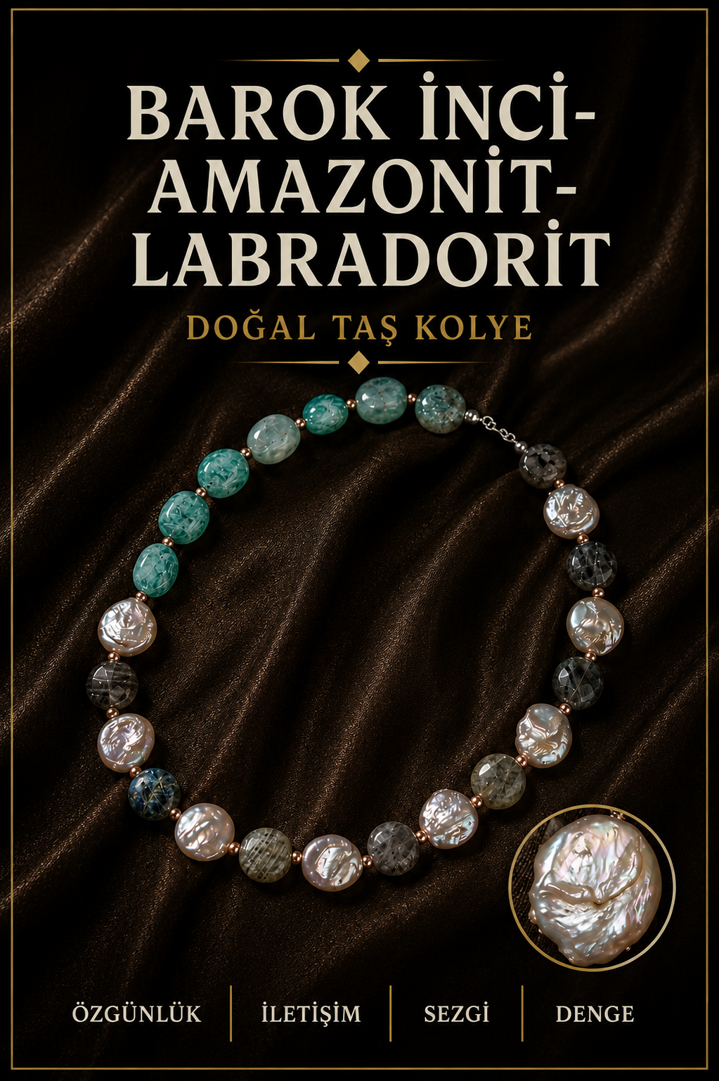 Barok İnci-Amazonit-Labradorit Doğal Taş Gümüş Kolye