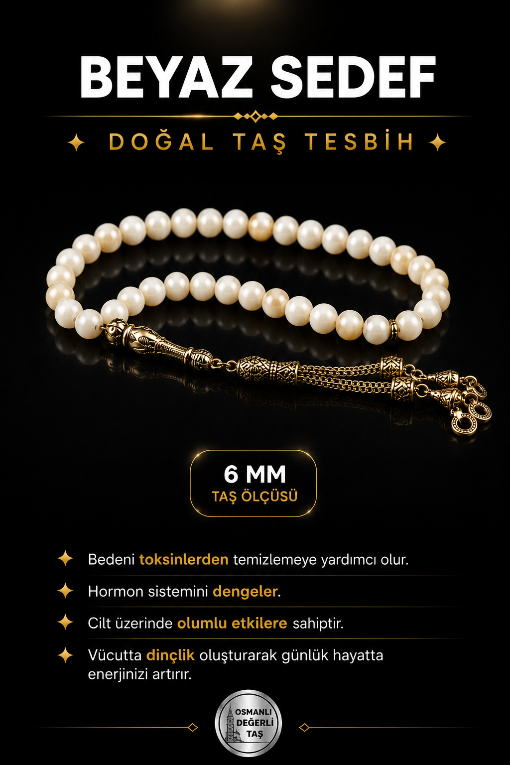 Sertifikalı Beyaz Sedef Doğal Taş Tesbih 6 Mm, T188