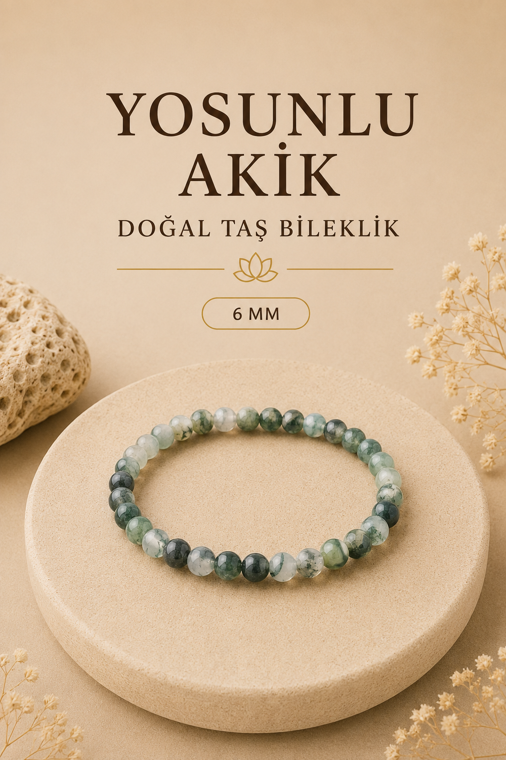 Sertifikalı Yosunlu Akik Doğal Taş Bileklik 6 Mm - B855